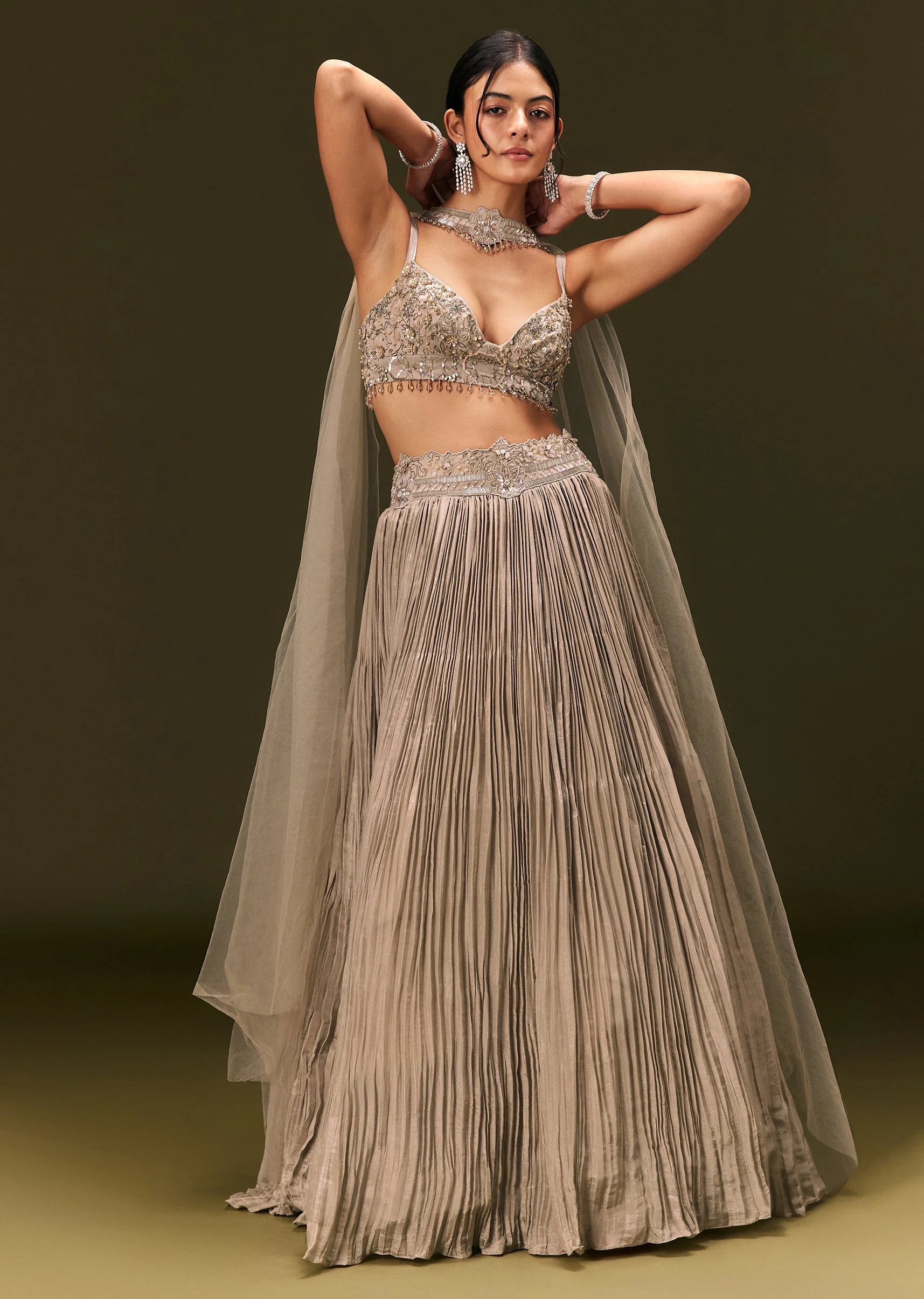 Gold Embroidered Sweetheart Neck Blouse With Lehenga And Choker Dupatta - Image 4