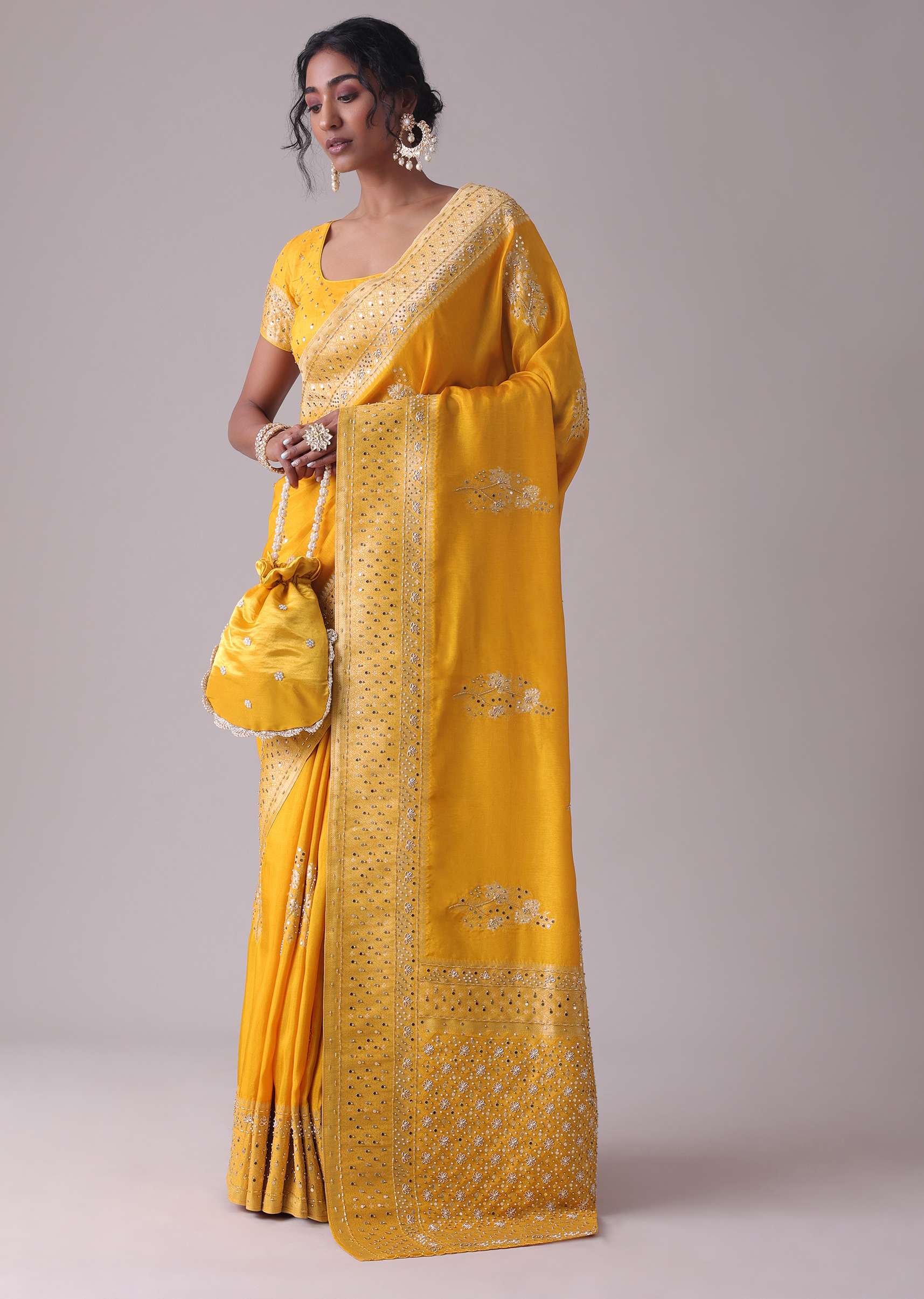 Gold Fusion Yellow Embroidered Saree In Khadi Silk - Image 3