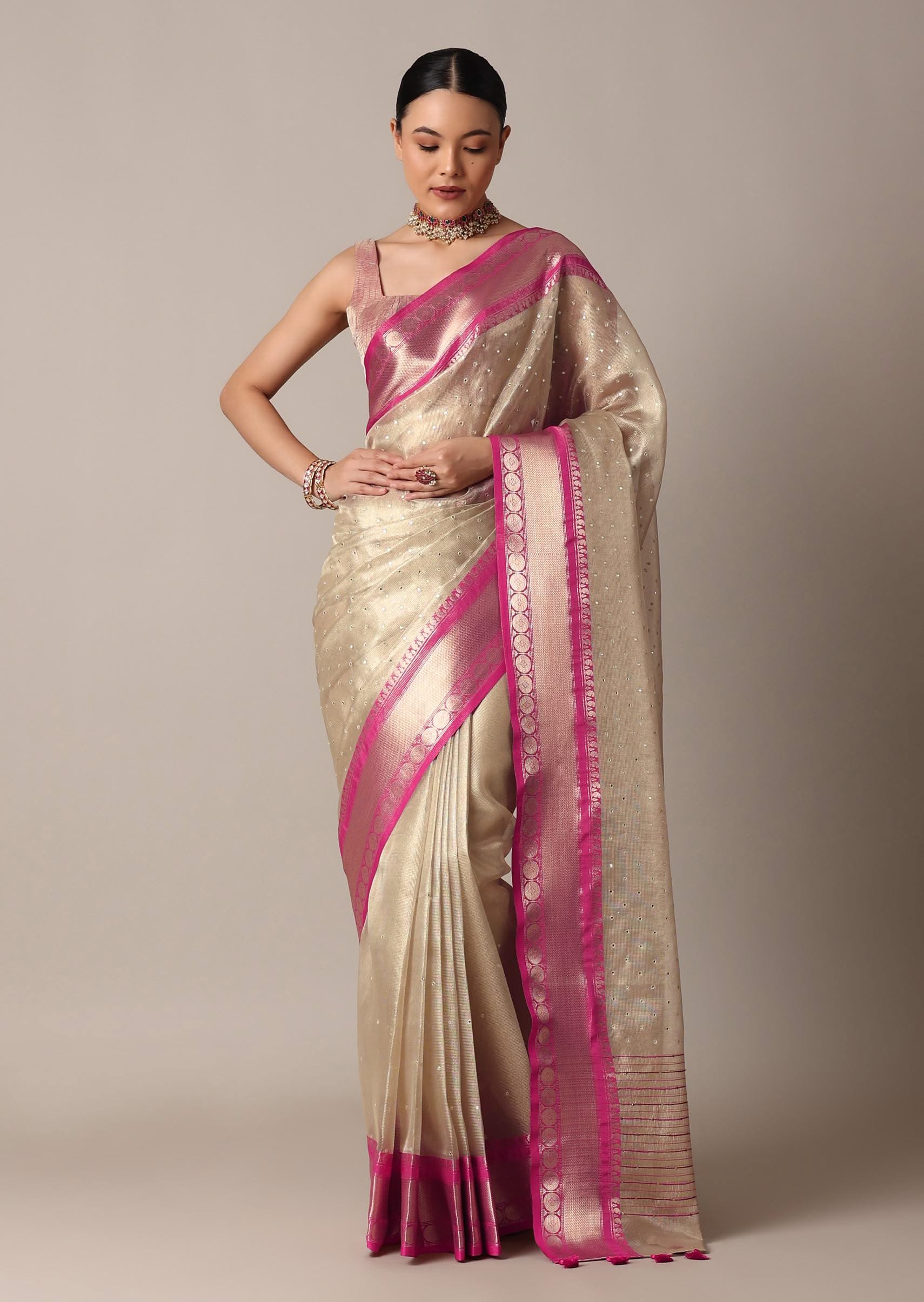 Gold Kota Silk Chanderi Saree With Mirror Detail And Unstitched Blouse Piece - Image 3