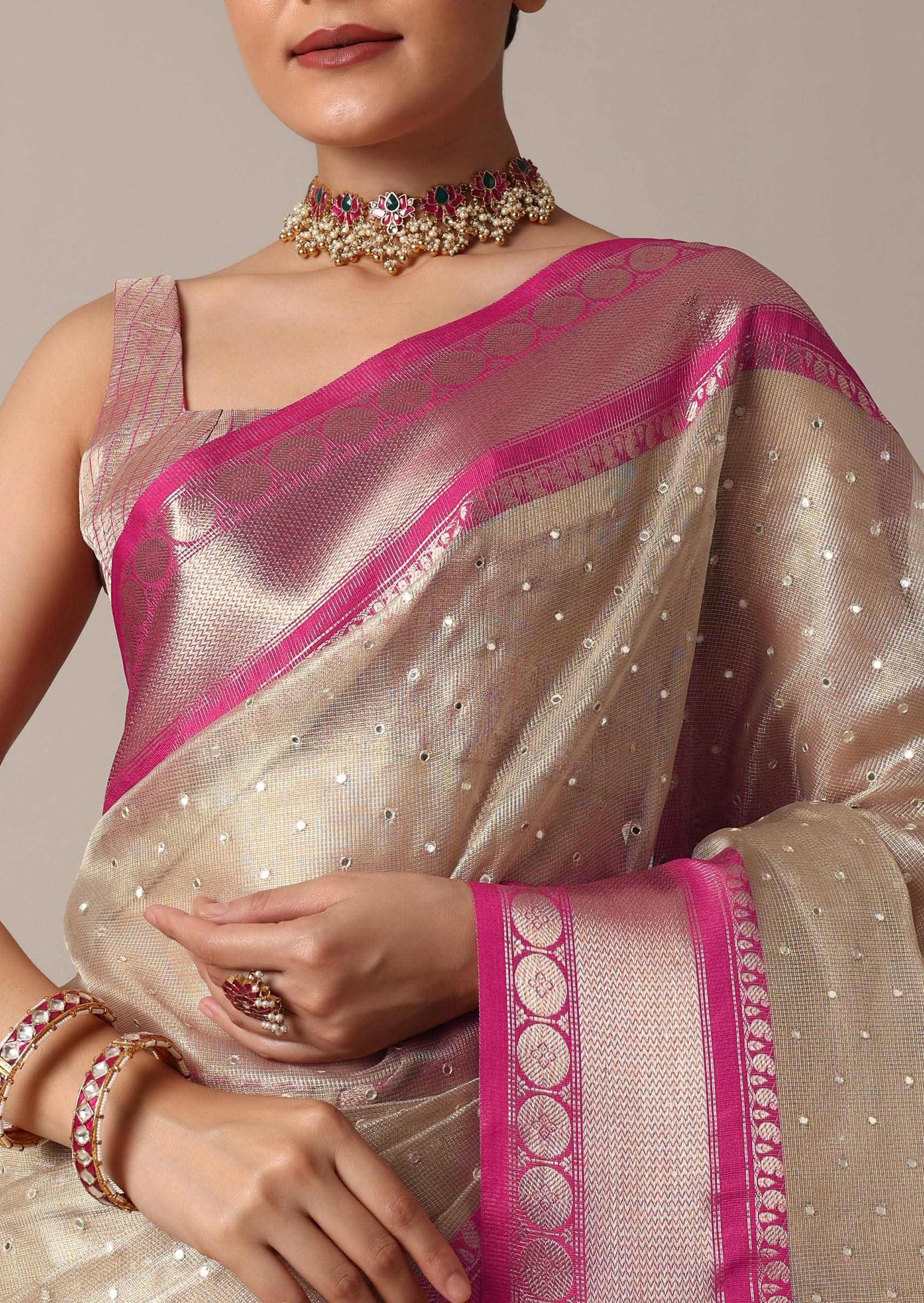 Gold Kota Silk Chanderi Saree With Mirror Detail And Unstitched Blouse Piece - Image 5
