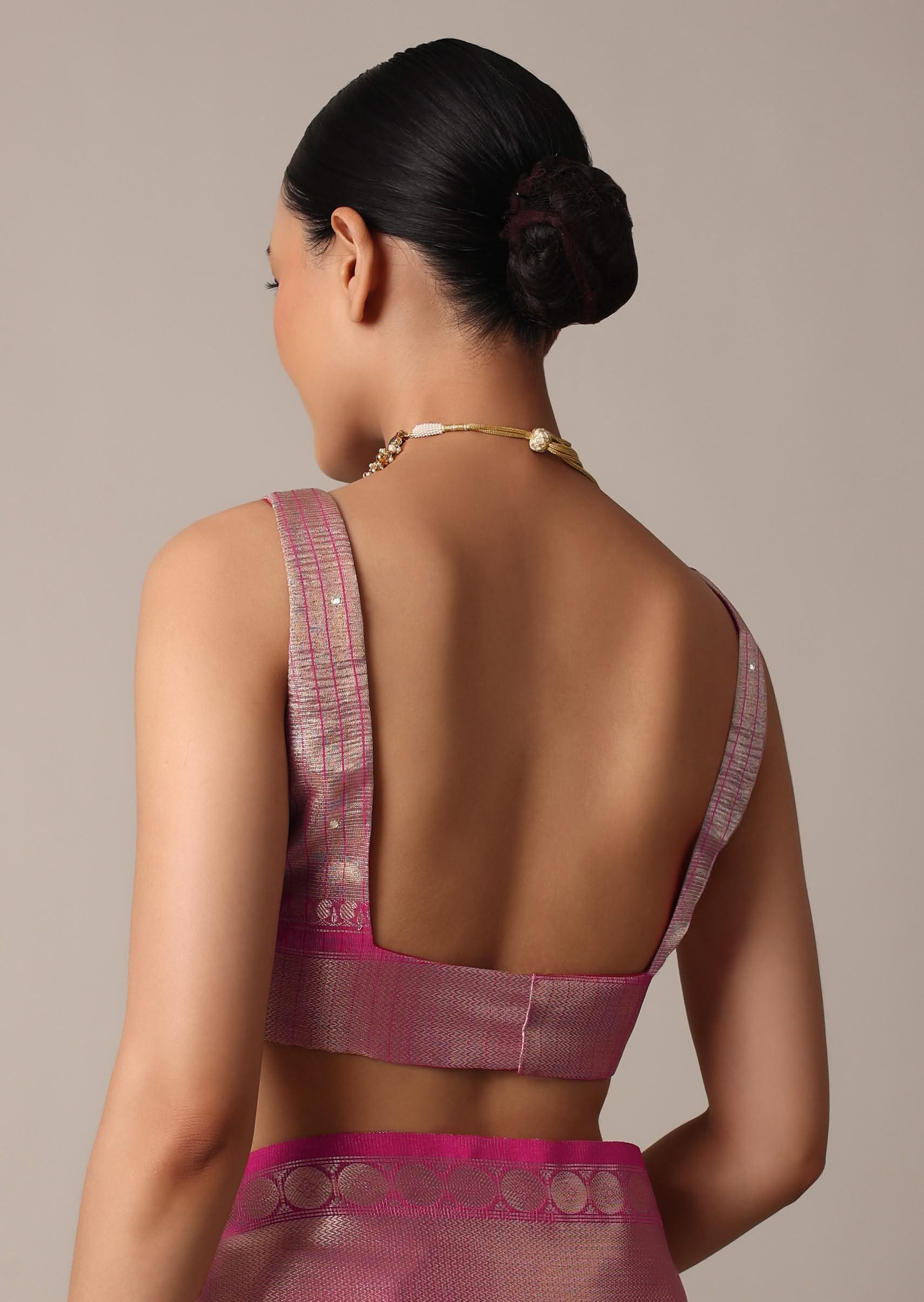 Gold Kota Silk Chanderi Saree With Mirror Detail And Unstitched Blouse Piece - Image 8