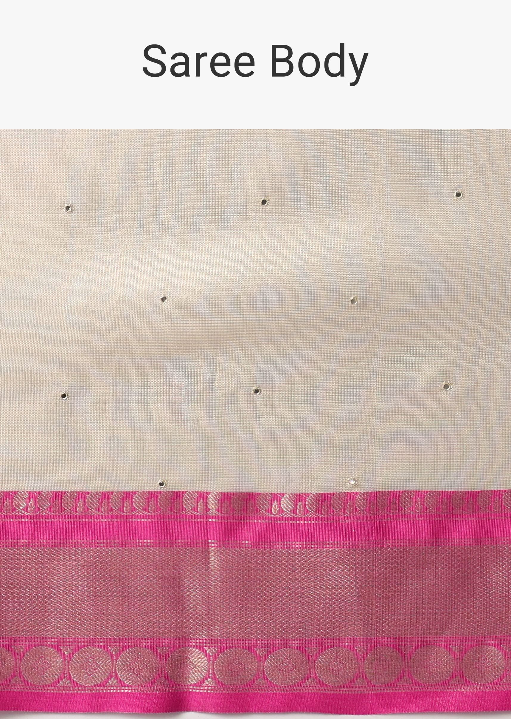 Gold Kota Silk Chanderi Saree With Mirror Detail And Unstitched Blouse Piece - Image 9