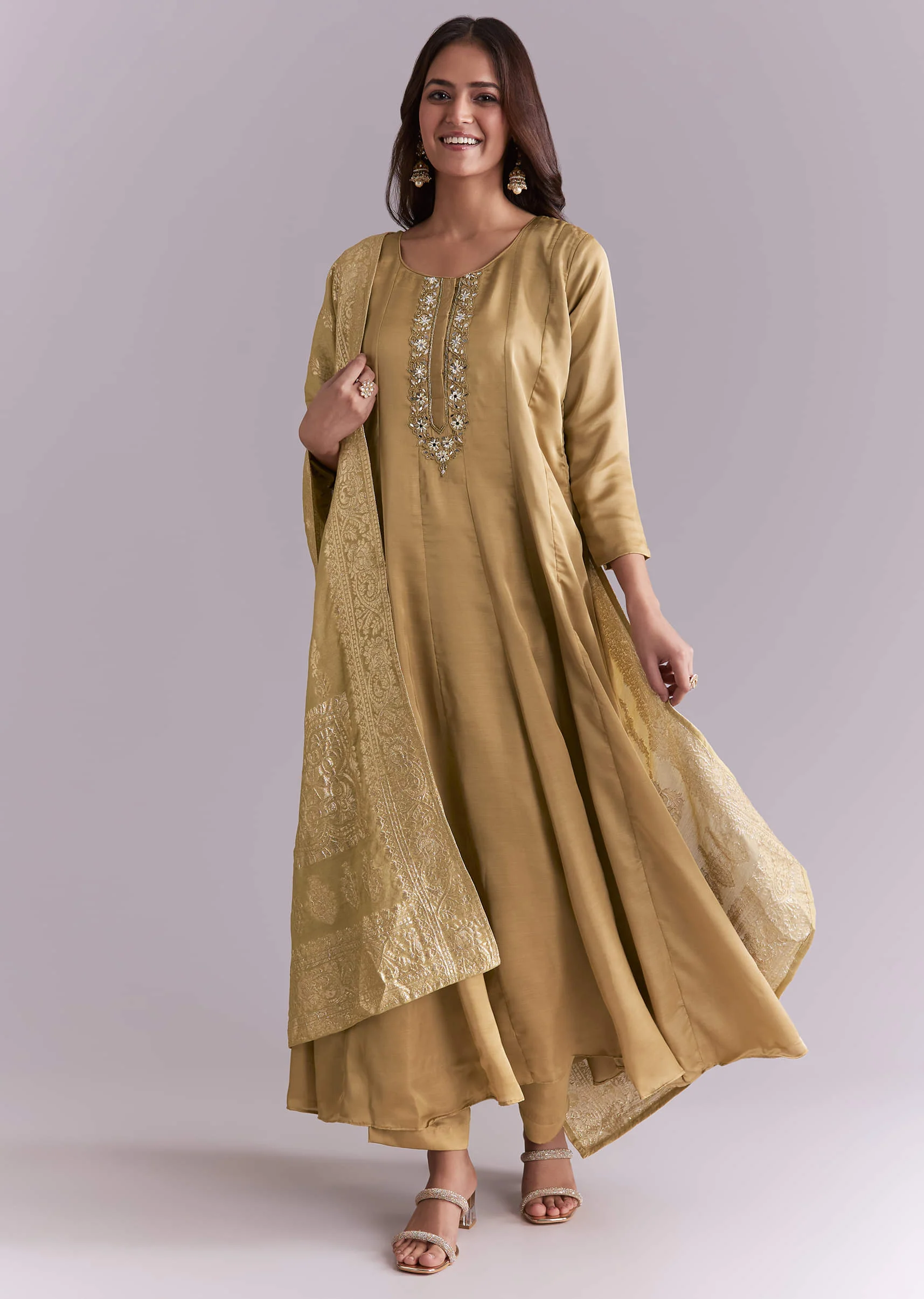 Gold Muslin Anarkali Suit With Mirror And Moti Embroidery - Image 3