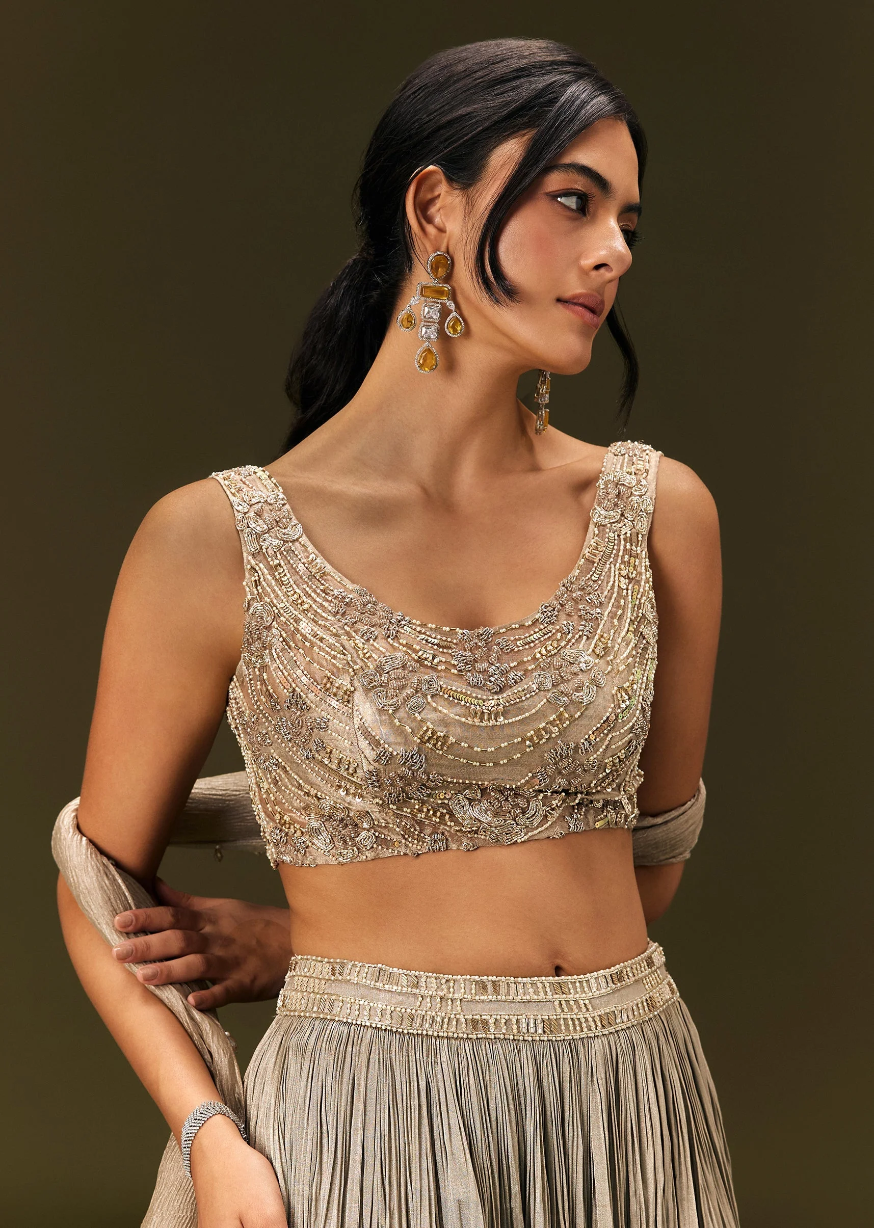 Gold Organza Lehenga Dupatta Set With Embellishments - Image 3