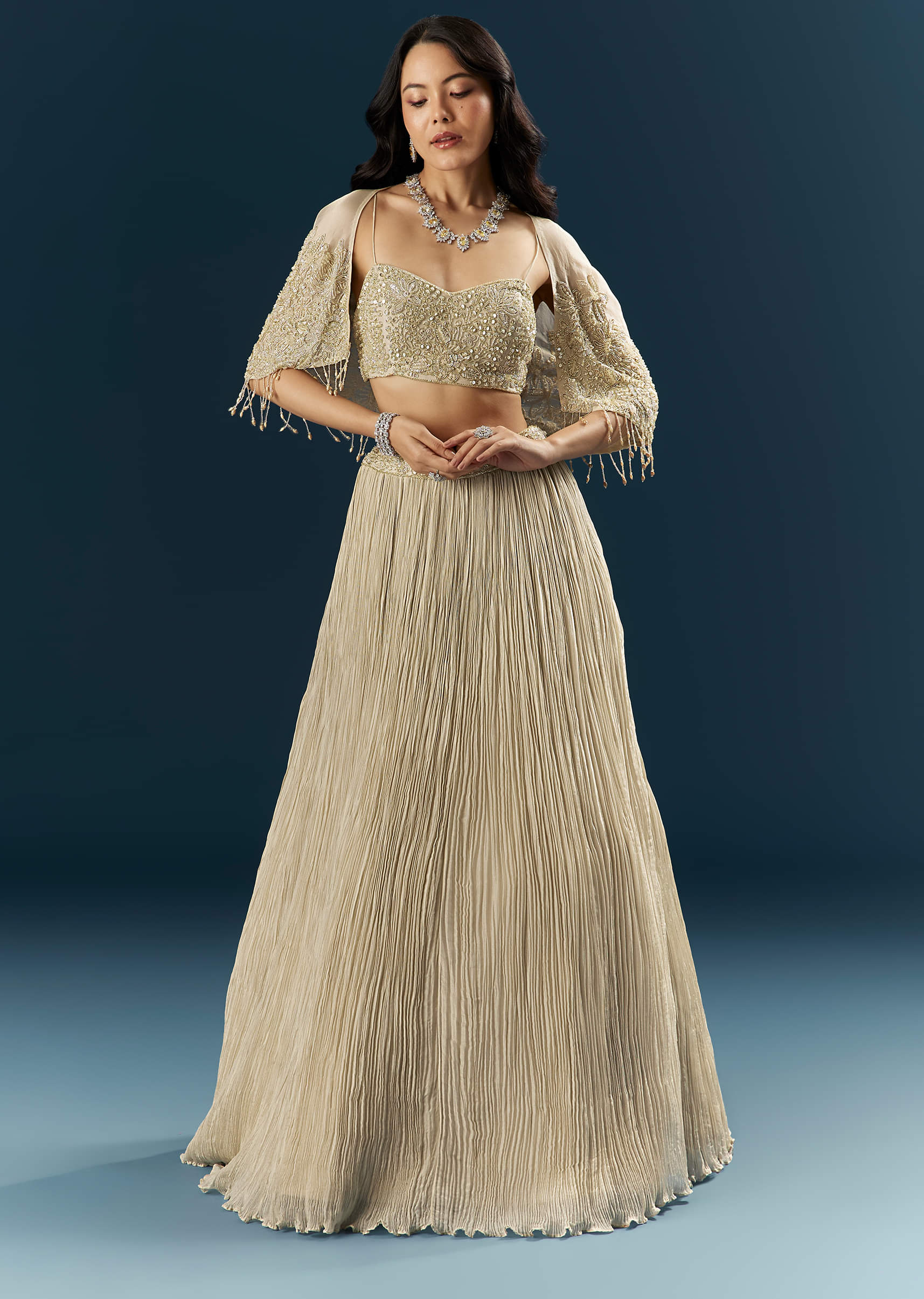 Gold Tissue Bridesmaid Lehenga With Cutdana And Beads Embroidery - Image 4