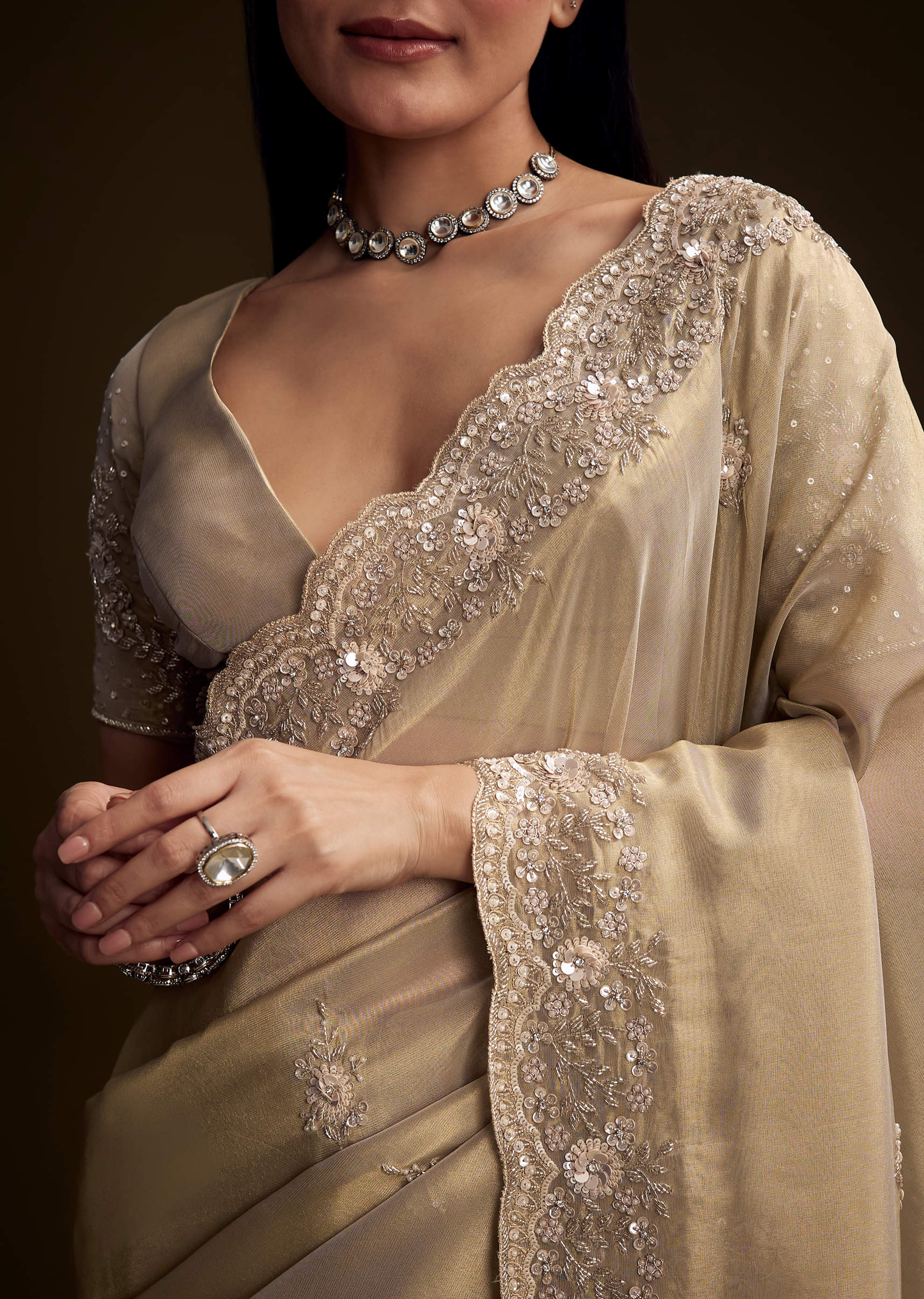 Gold Tissue Saree With Stone And Bead Embroidery - Image 2