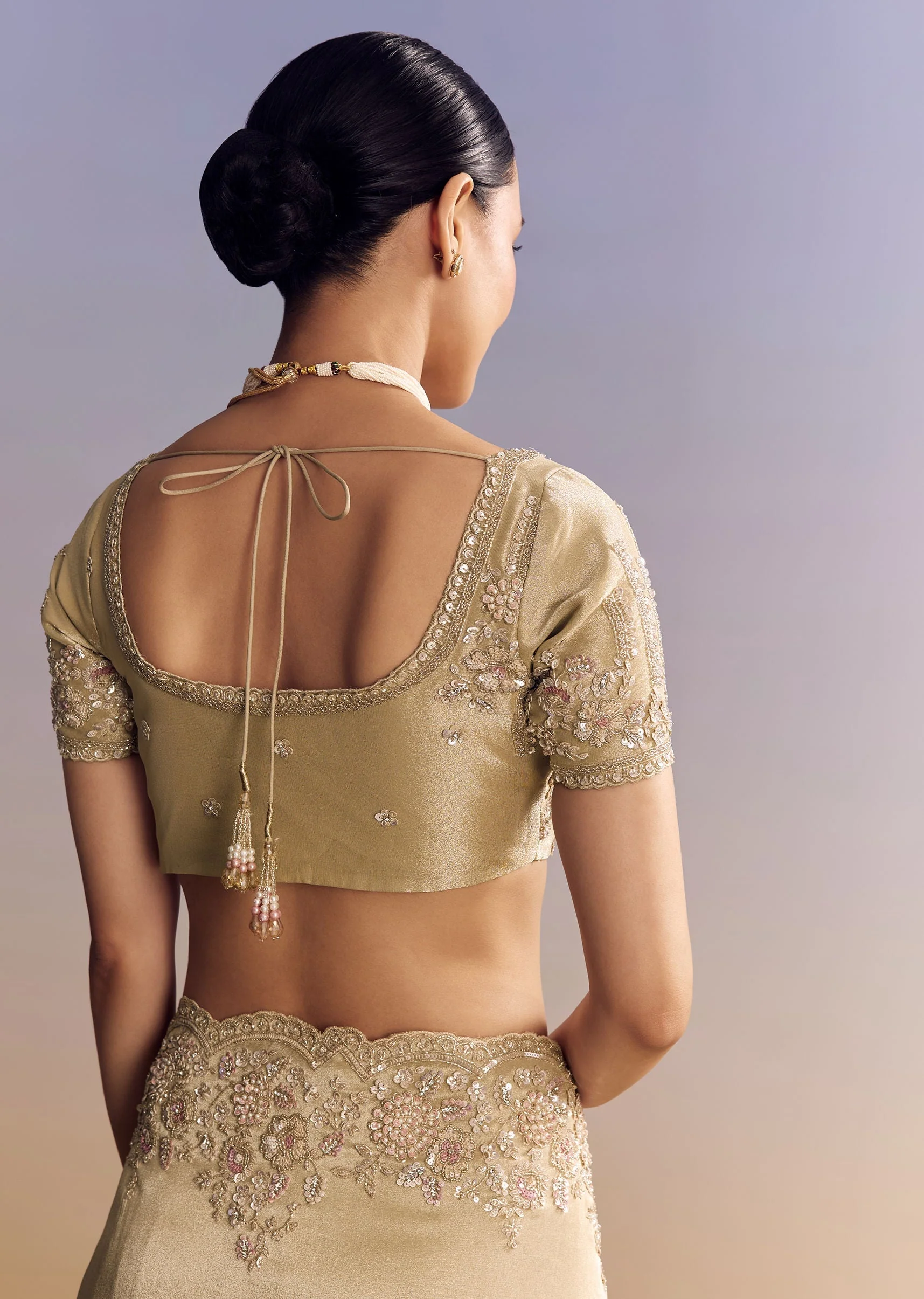 Gold Tissue Silk Saree With Scallop Border And Rich Embroidered Unstitched Blouse - Image 8