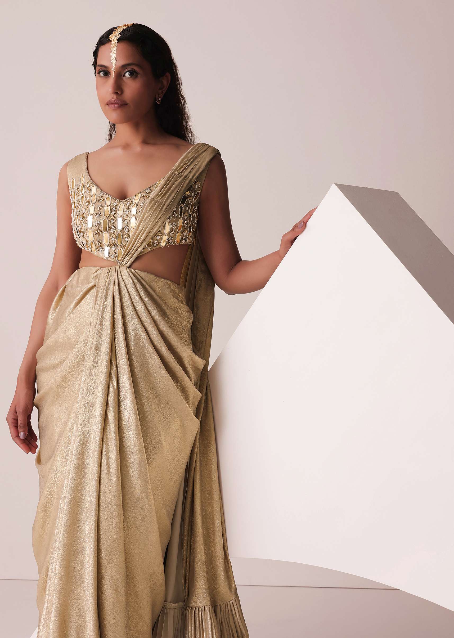 Golden Ready-To-Wear Embroidered Saree Gown In Gold Foil Fabric - Image 2