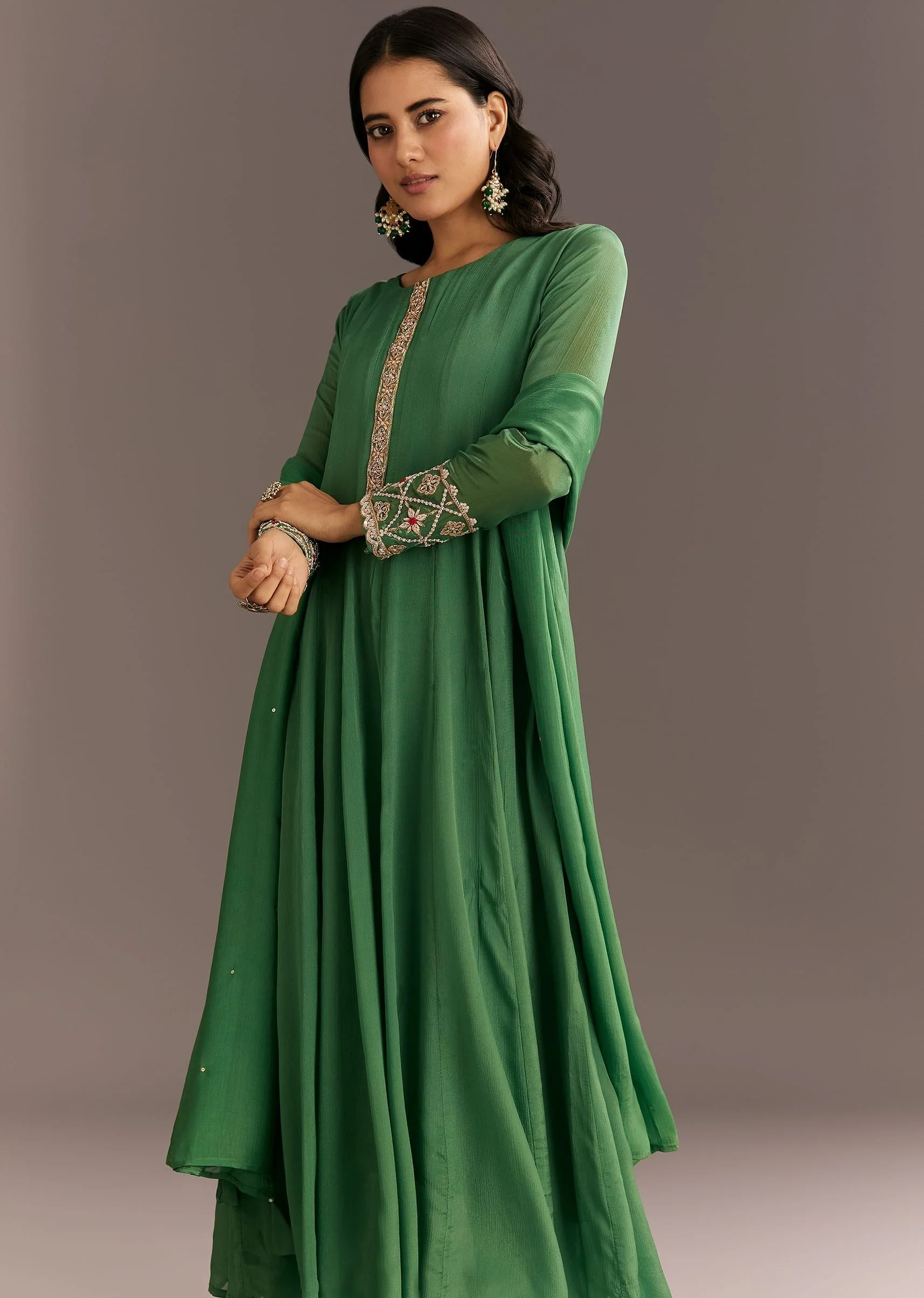 Green Chinon Kurta With Zardosi Moti Work On Neckline And Sleeves - Image 4