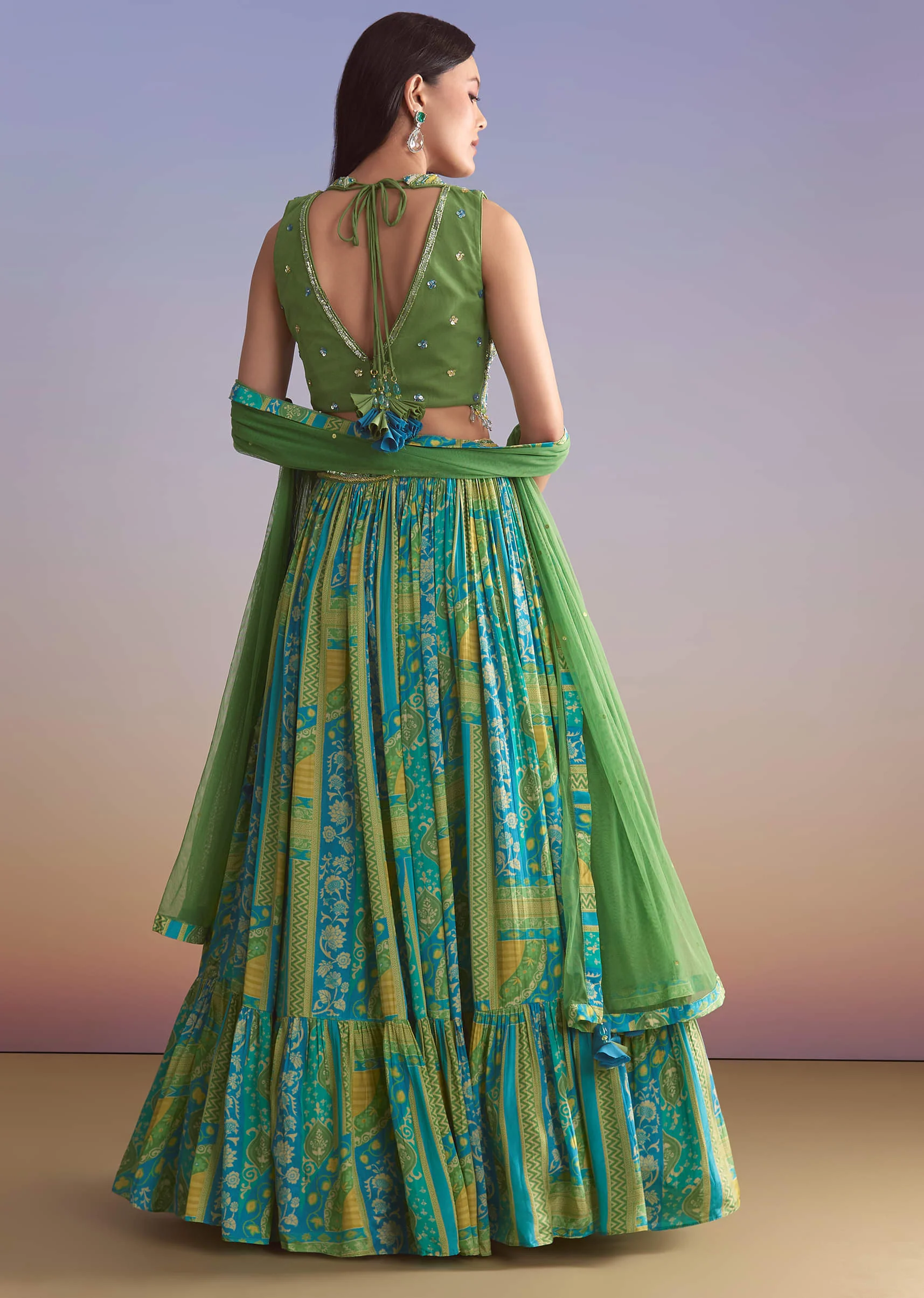 Green Crepe Bridesmaid Lehenga With Paisley Print - Image 2