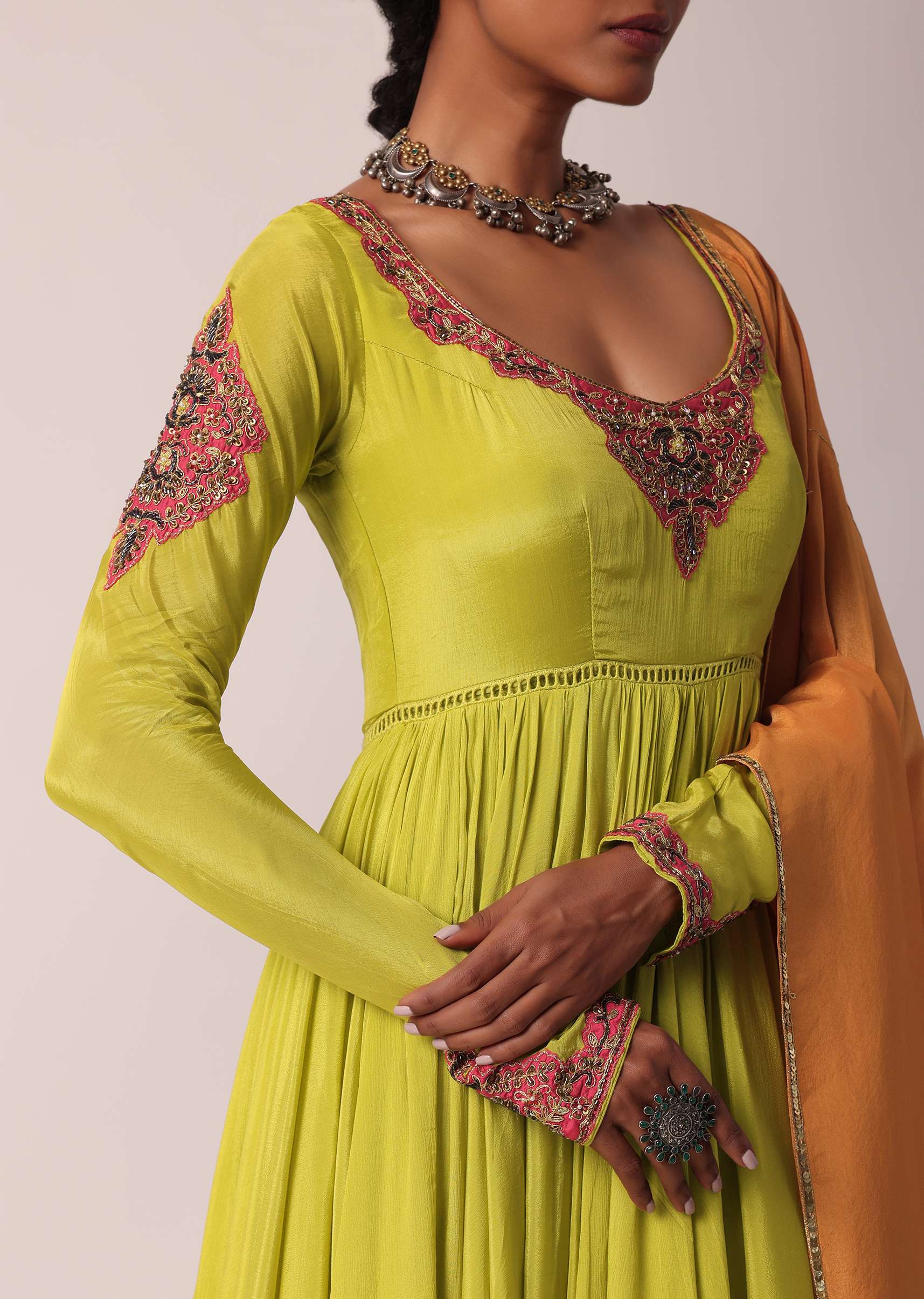 Green Embroidered Anarkali With Dupatta - Image 2
