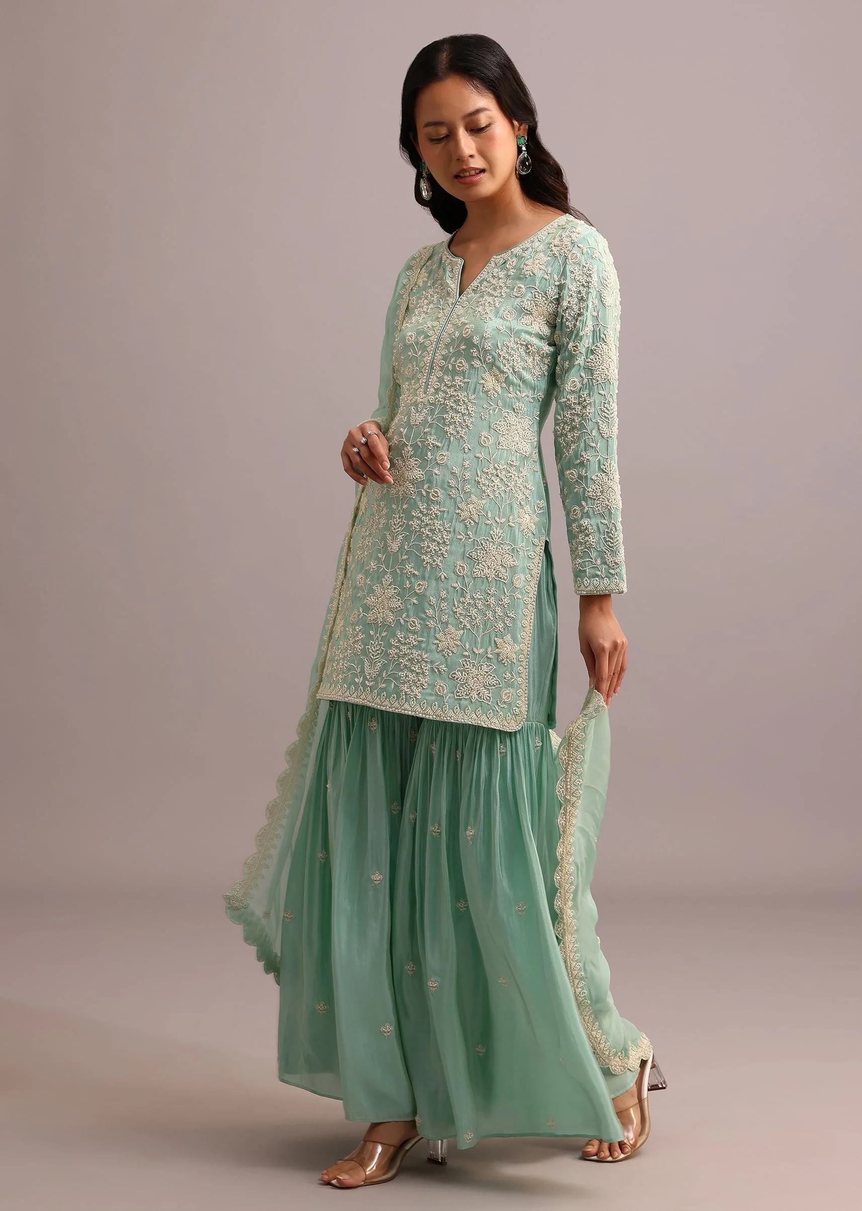Green Embroidered Sharara Set With Butti Work On Organza Dupatta - Image 3