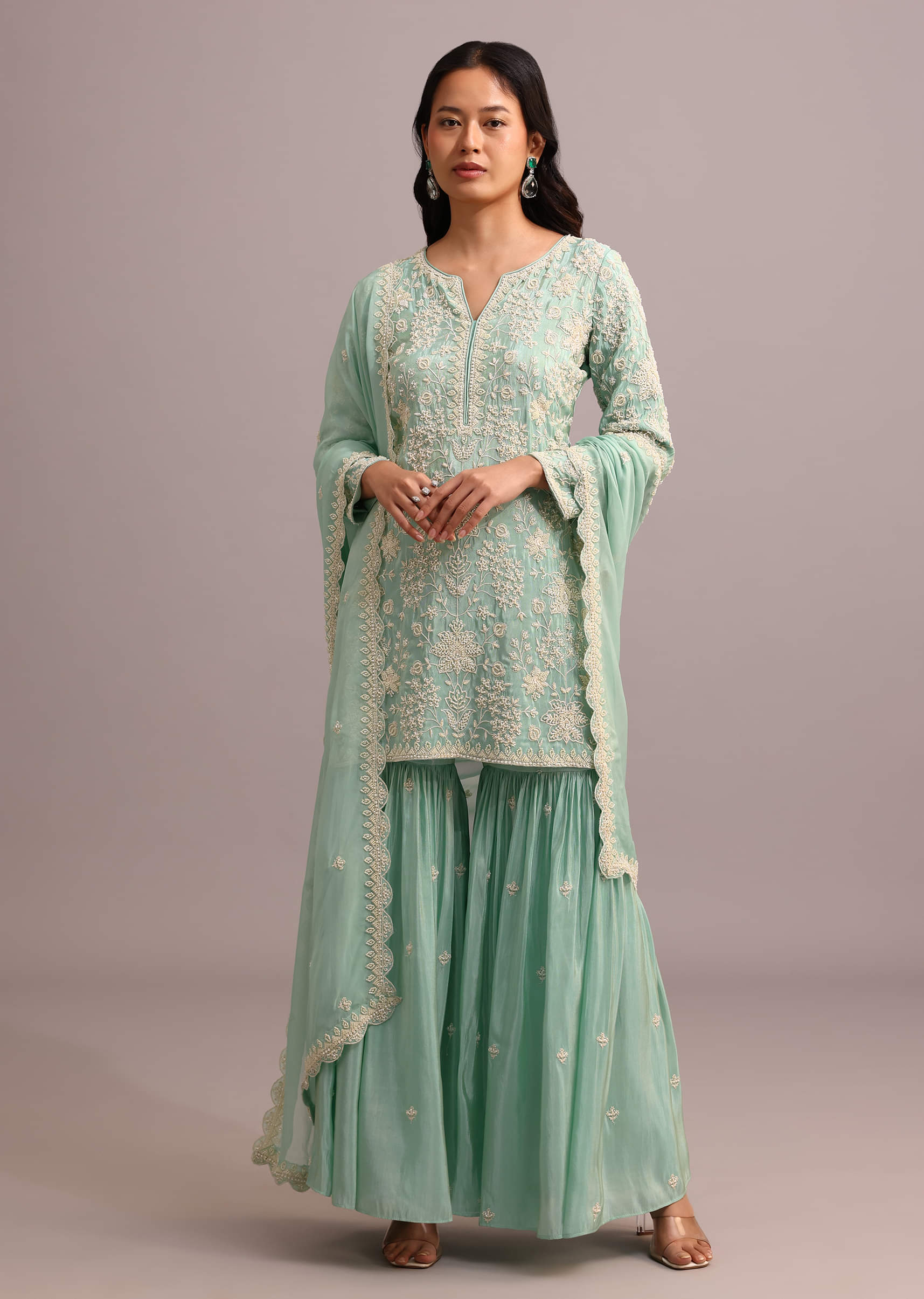 Green Embroidered Sharara Set With Butti Work On Organza Dupatta - Image 7