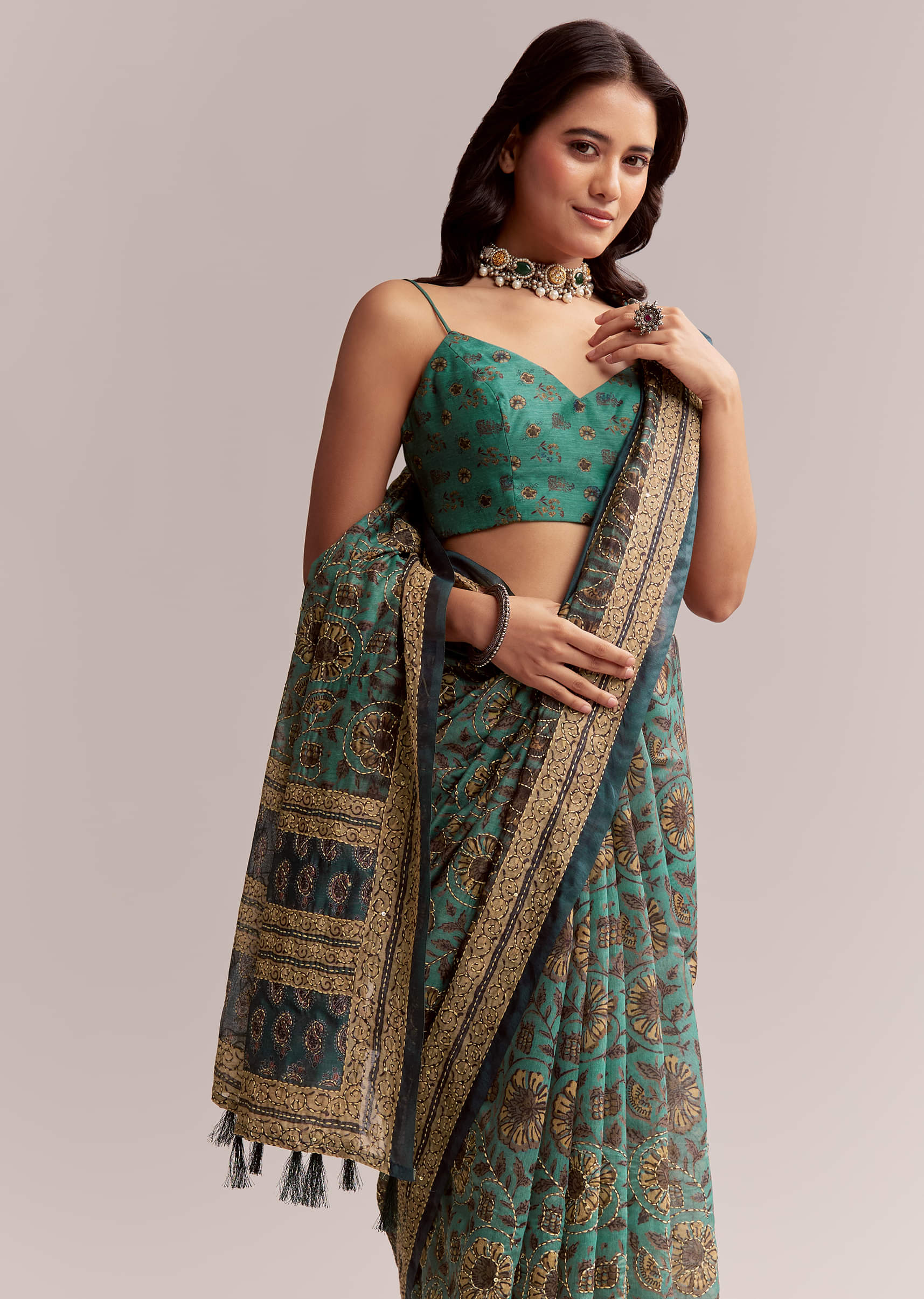 Green Linen Printed Saree With Heritage Ajrakh Work - Image 5