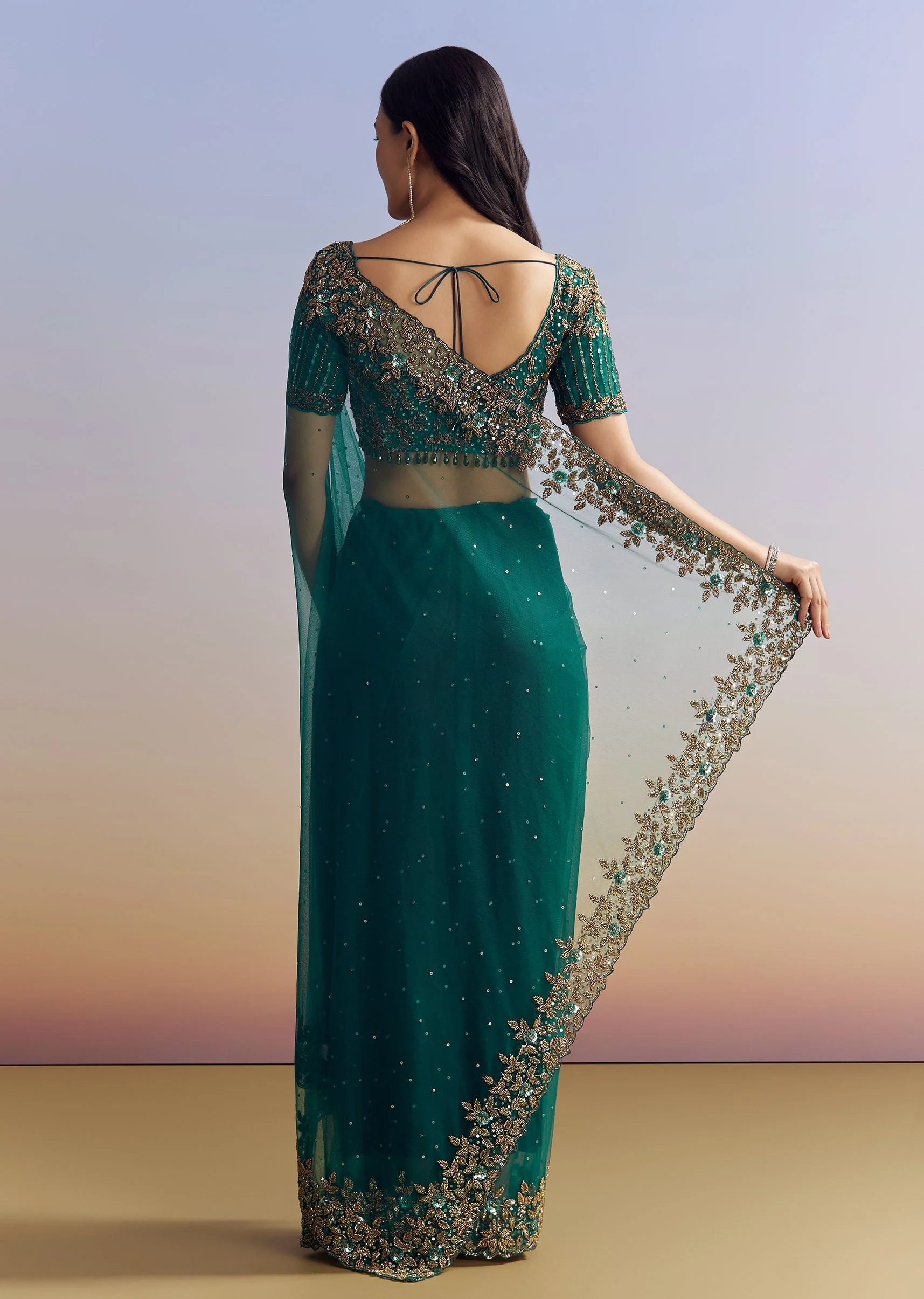 Green Net Saree Featuring Heavy Embroidered Border - Image 4