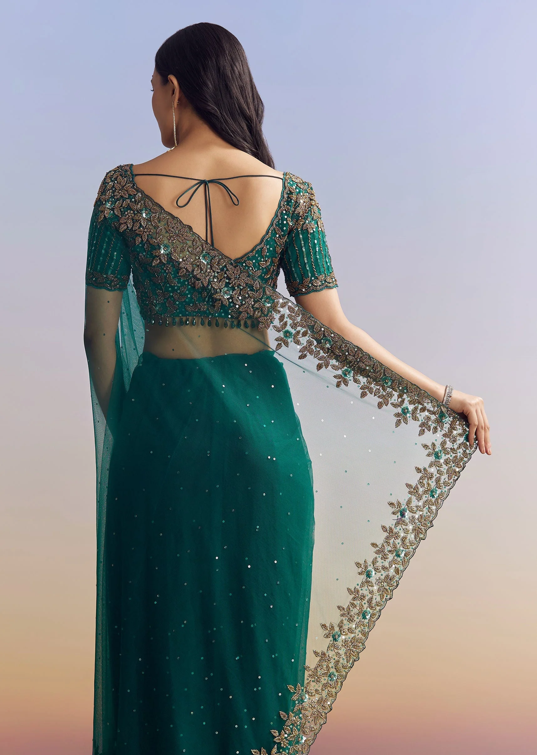 Green Net Saree Featuring Heavy Embroidered Border - Image 6