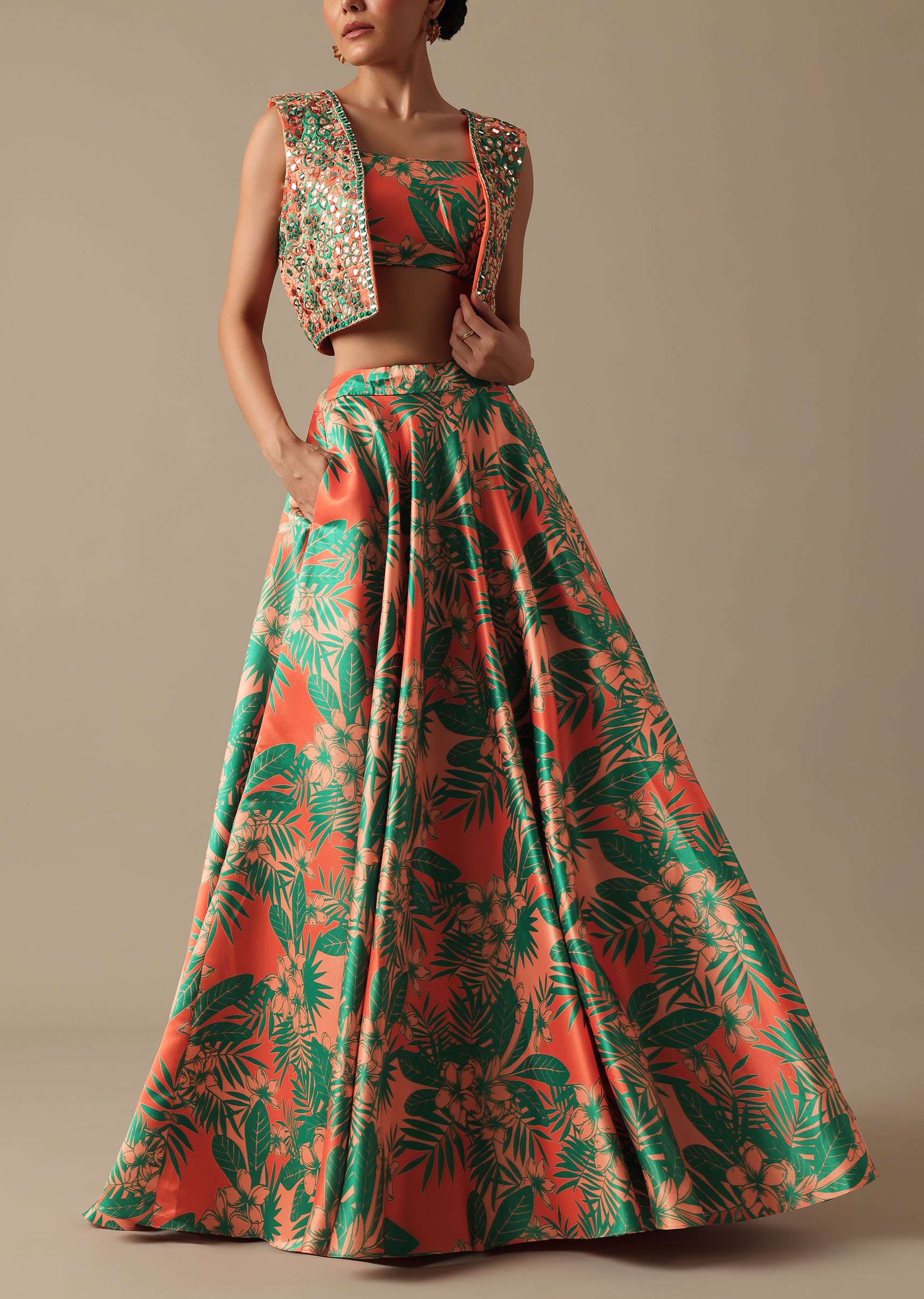 Green Printed Lehenga Set With Mirror Embellished Jacket - Image 3