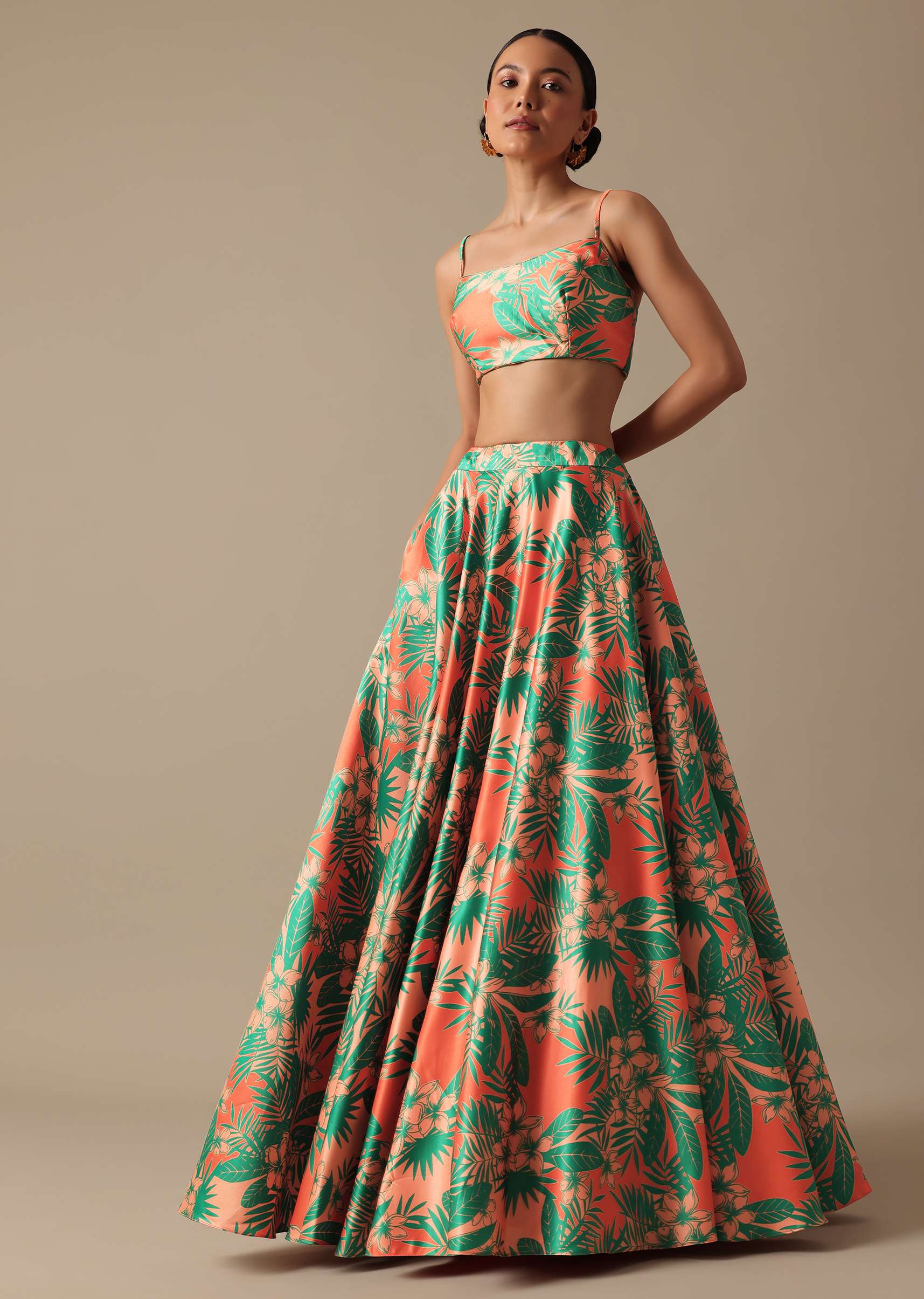 Green Printed Lehenga Set With Mirror Embellished Jacket - Image 6
