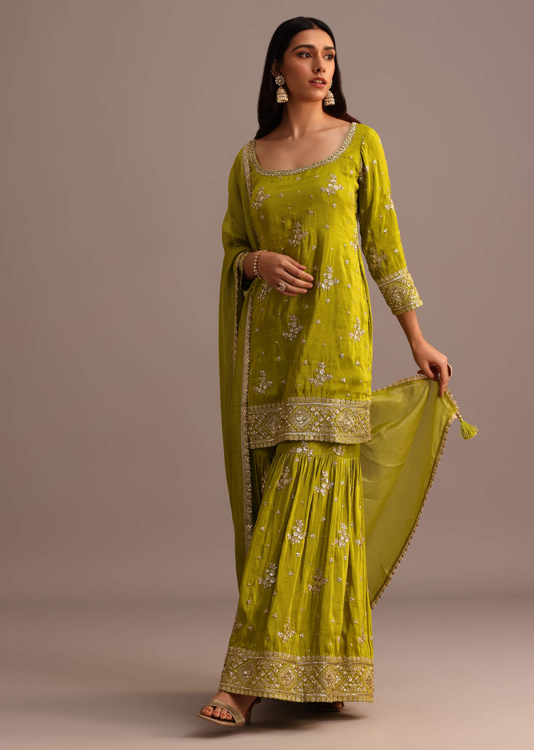 Green Sequins Kurti Sharara With Chanderi Banarasi Dupatta - Image 7