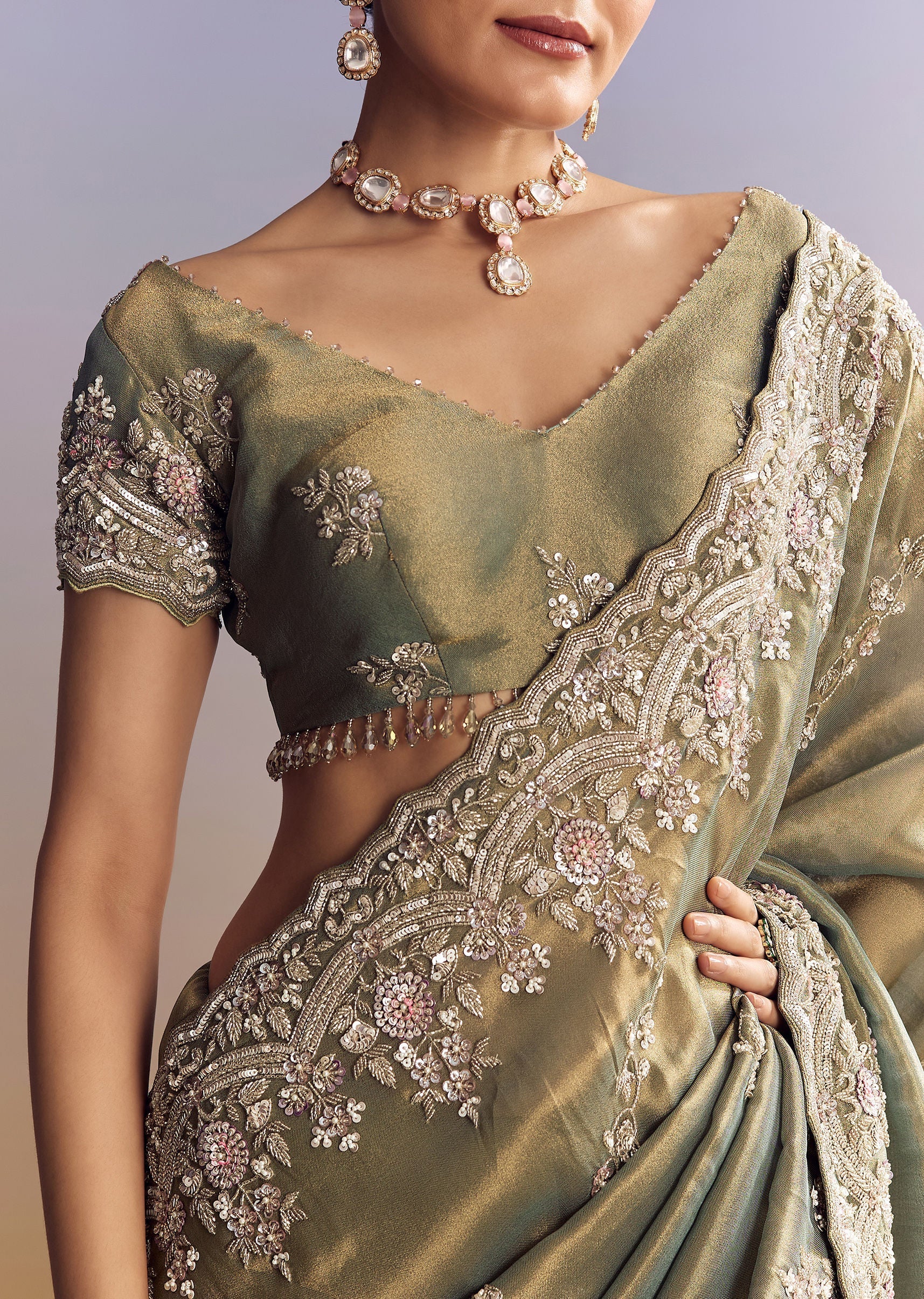 Green Shaded Tissue Saree With Embroidered Borders - Image 2