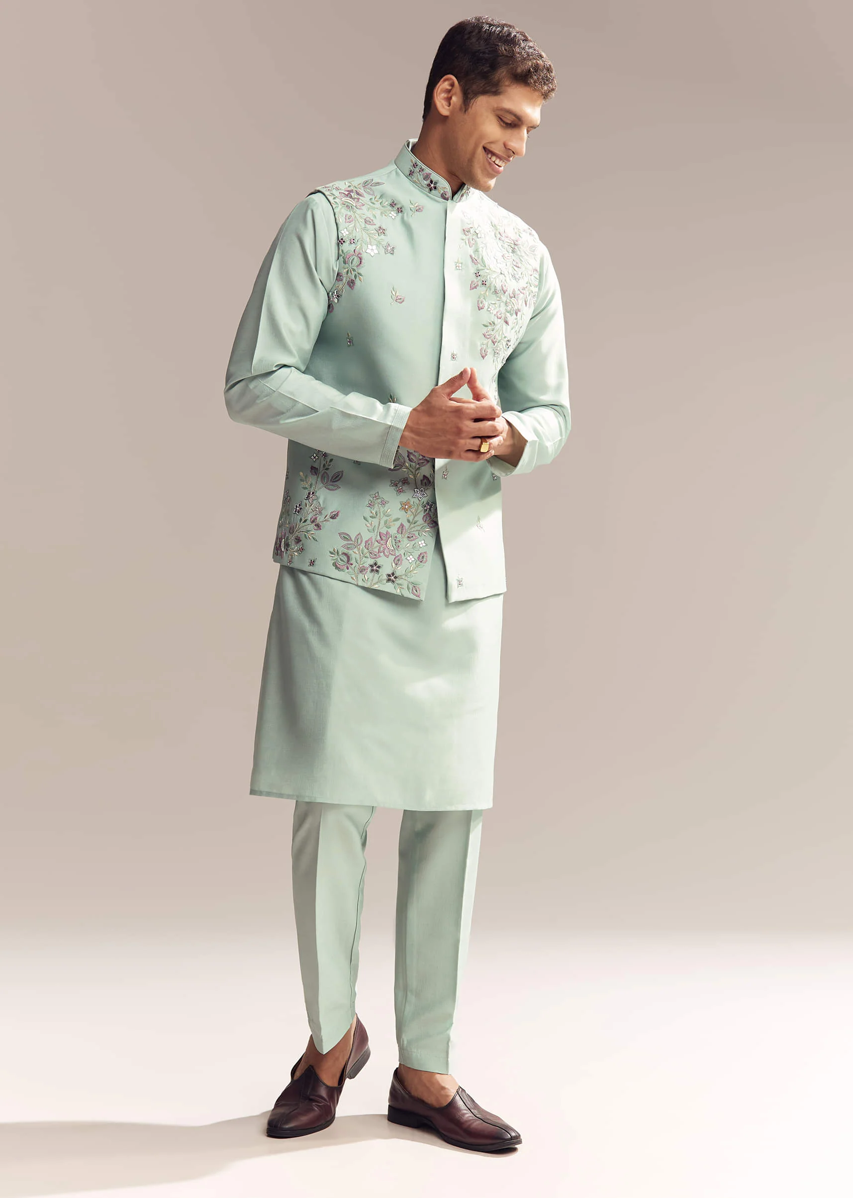 Green Silk Kurta Jacket Set For Men With Heavy Embroidery - Image 3