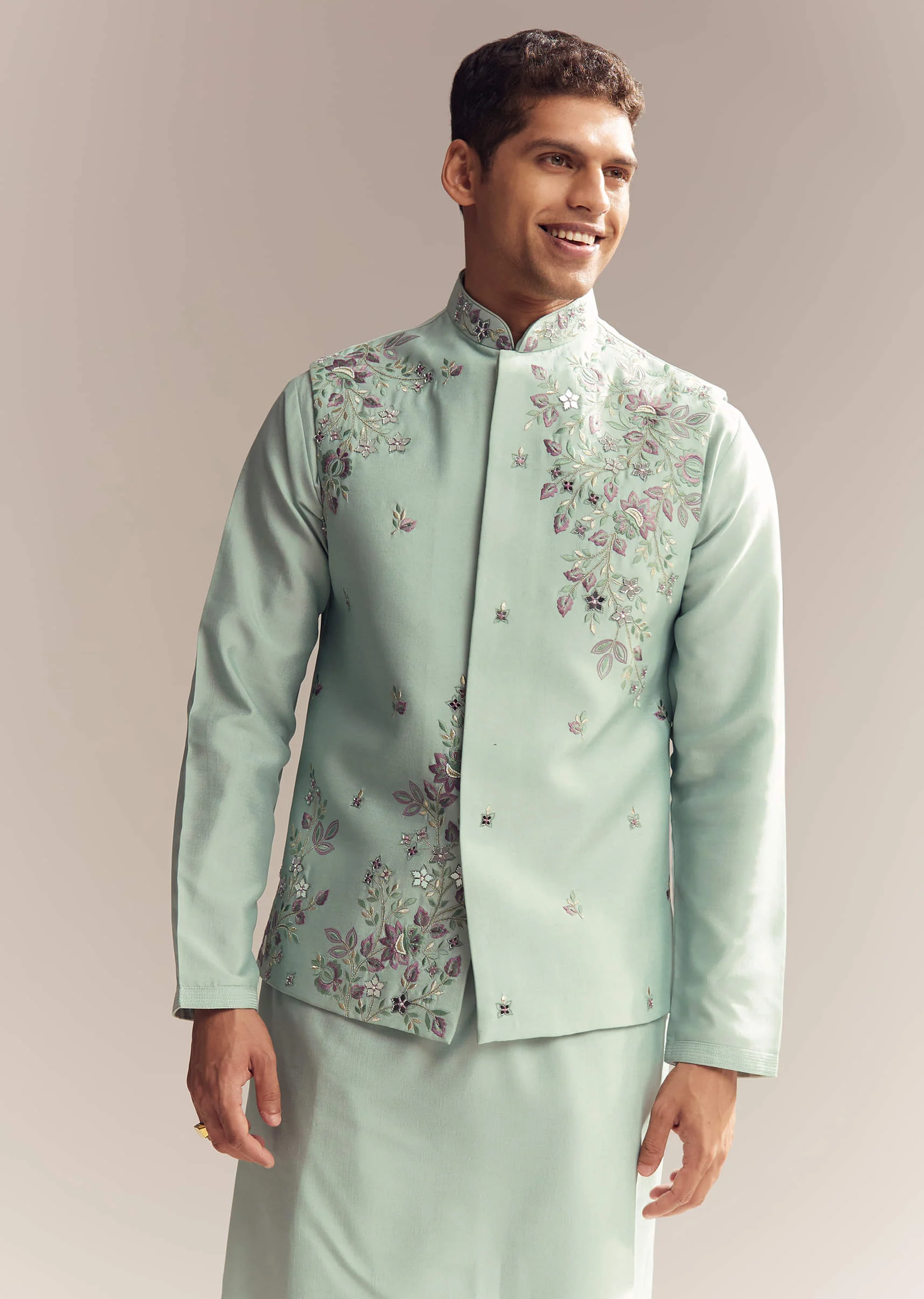 Green Silk Kurta Jacket Set For Men With Heavy Embroidery - Image 4