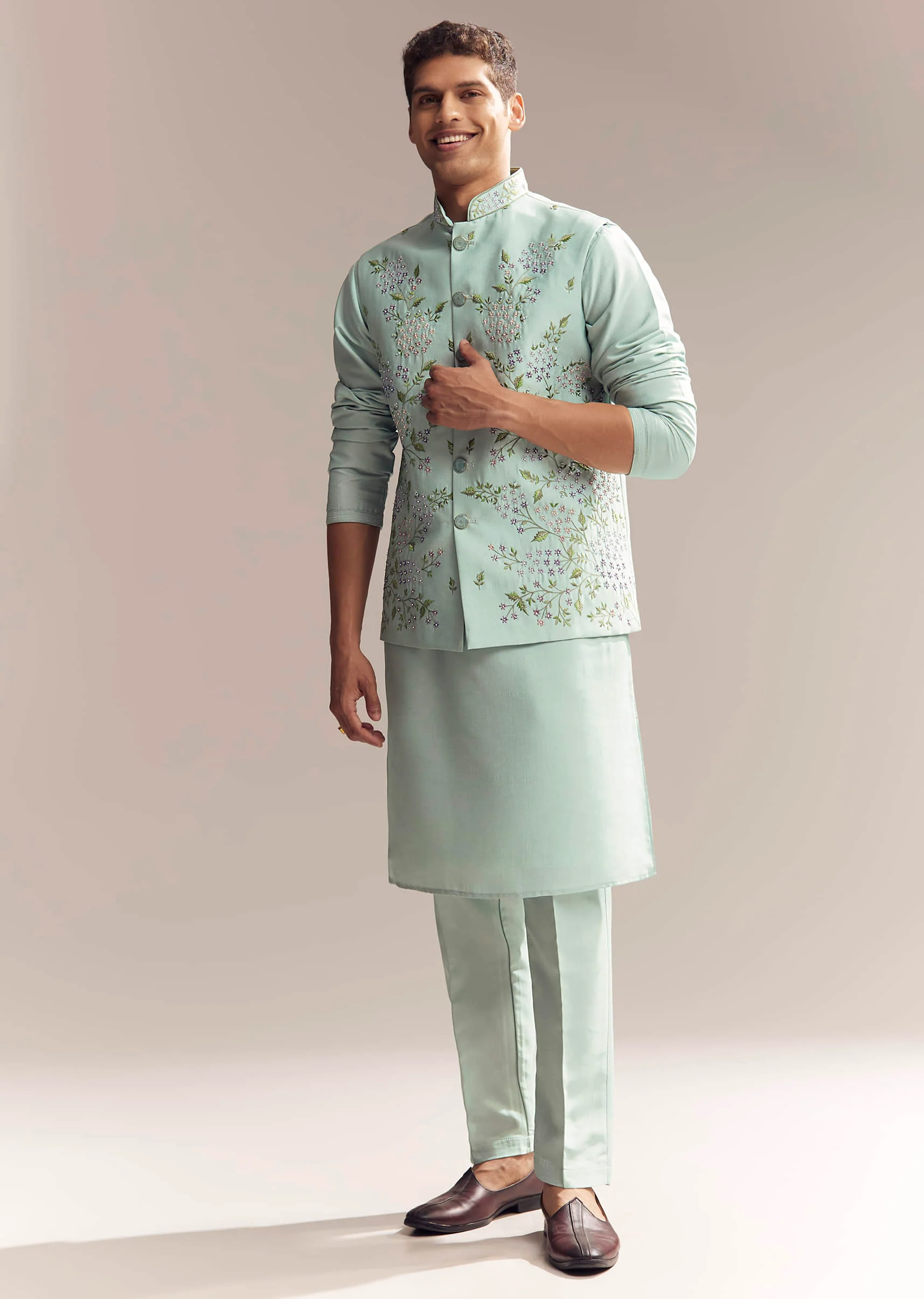 Green Silk Kurta Jacket Set For Men With Thread And Mirror Embroidery