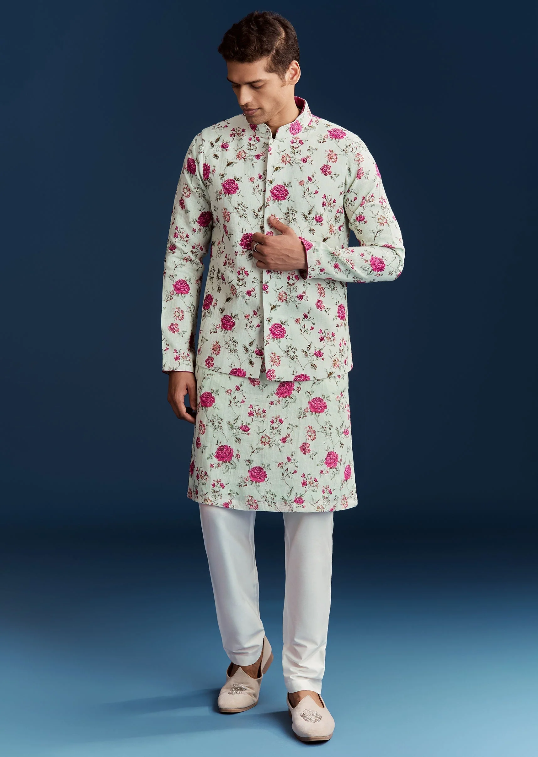 Green Silk Printed Kurta With Floral Sequins And Stone Work - Image 2