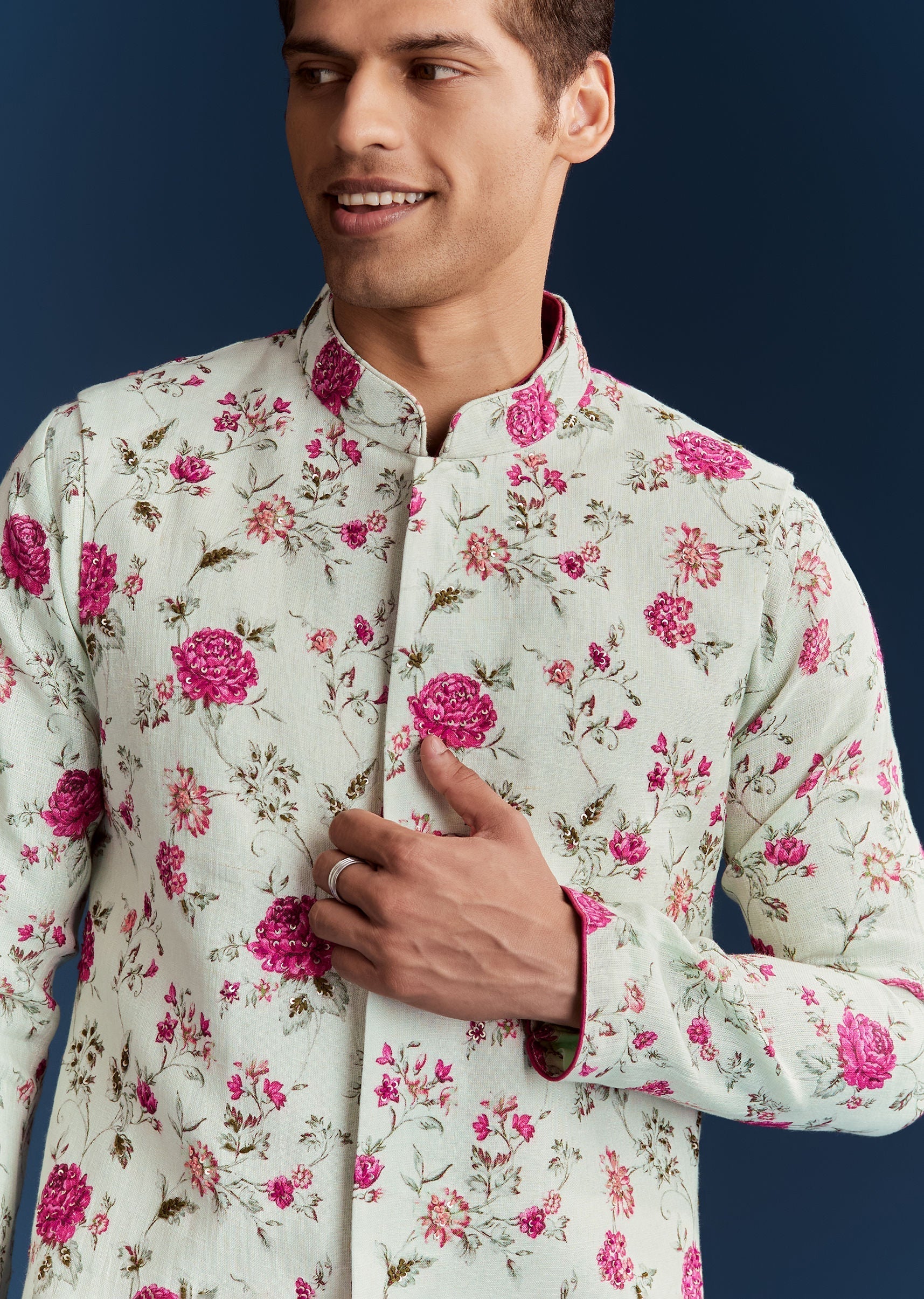 Green Silk Printed Kurta With Floral Sequins And Stone Work - Image 3