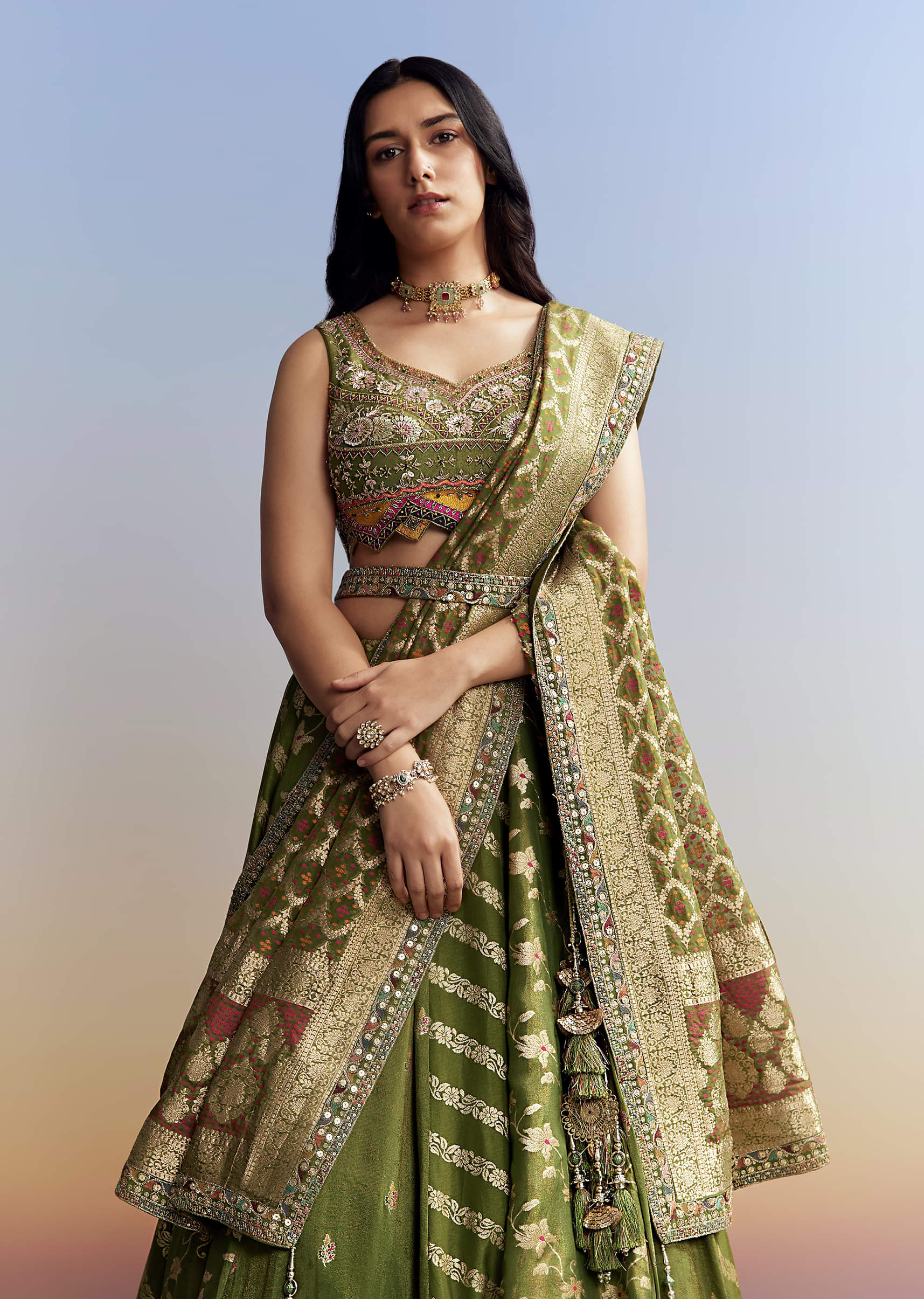 Green Tissue Embroidered Bridesmaid Lehenga - Image 5
