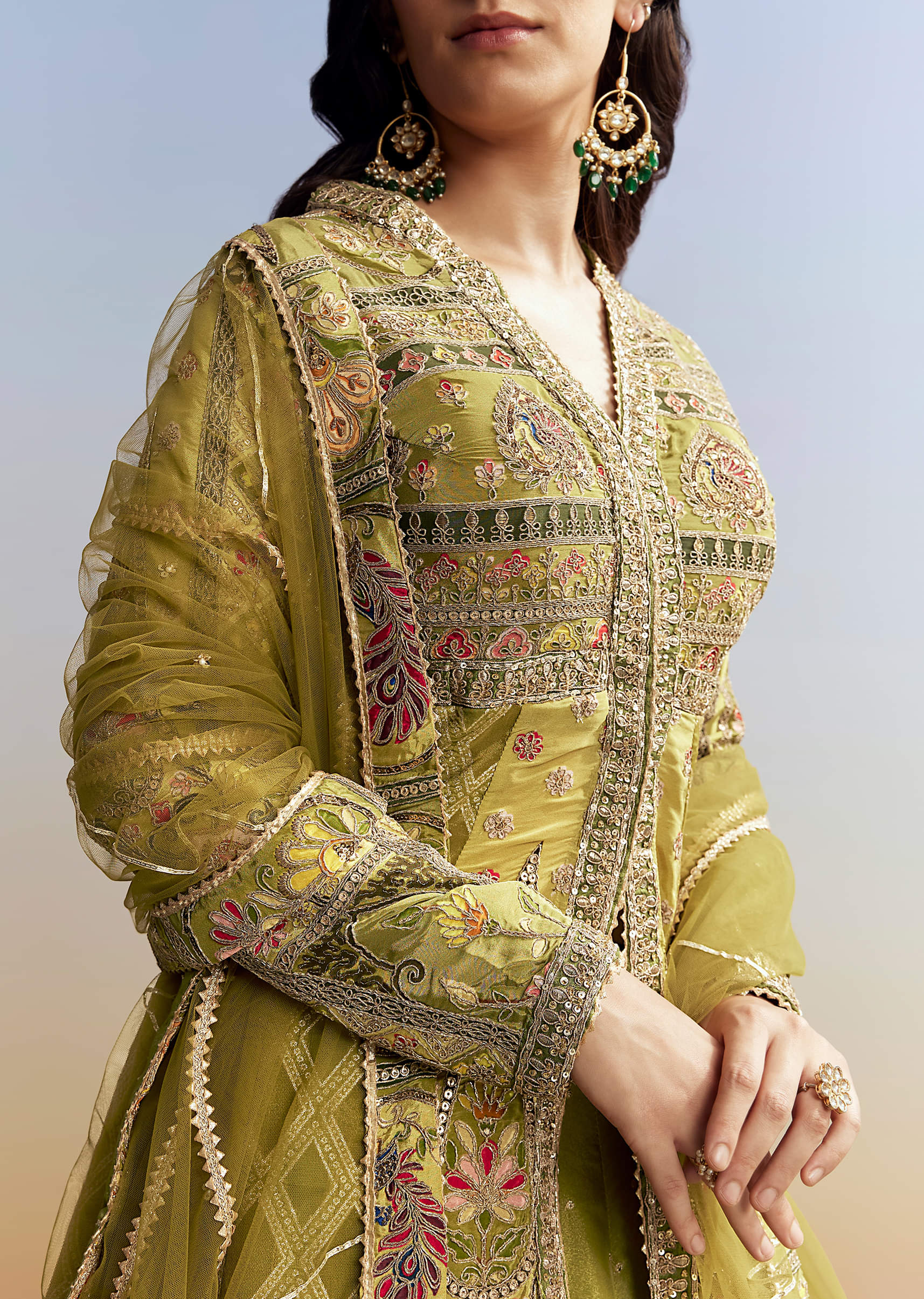 Green Tissue Kurta Lehenga Set - Image 2