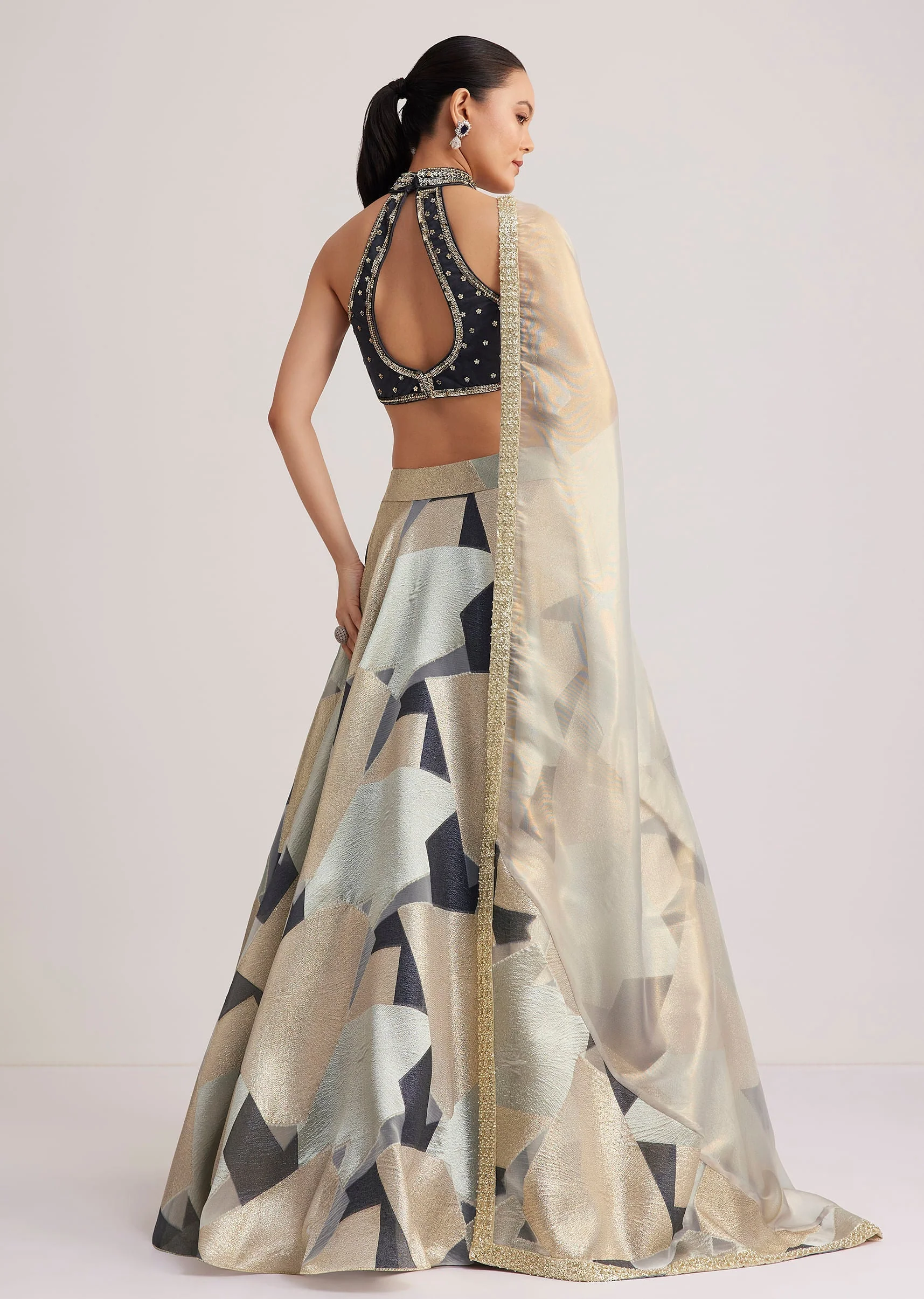 Grey And Gold Net Embroidered Lehenga Set - Image 5