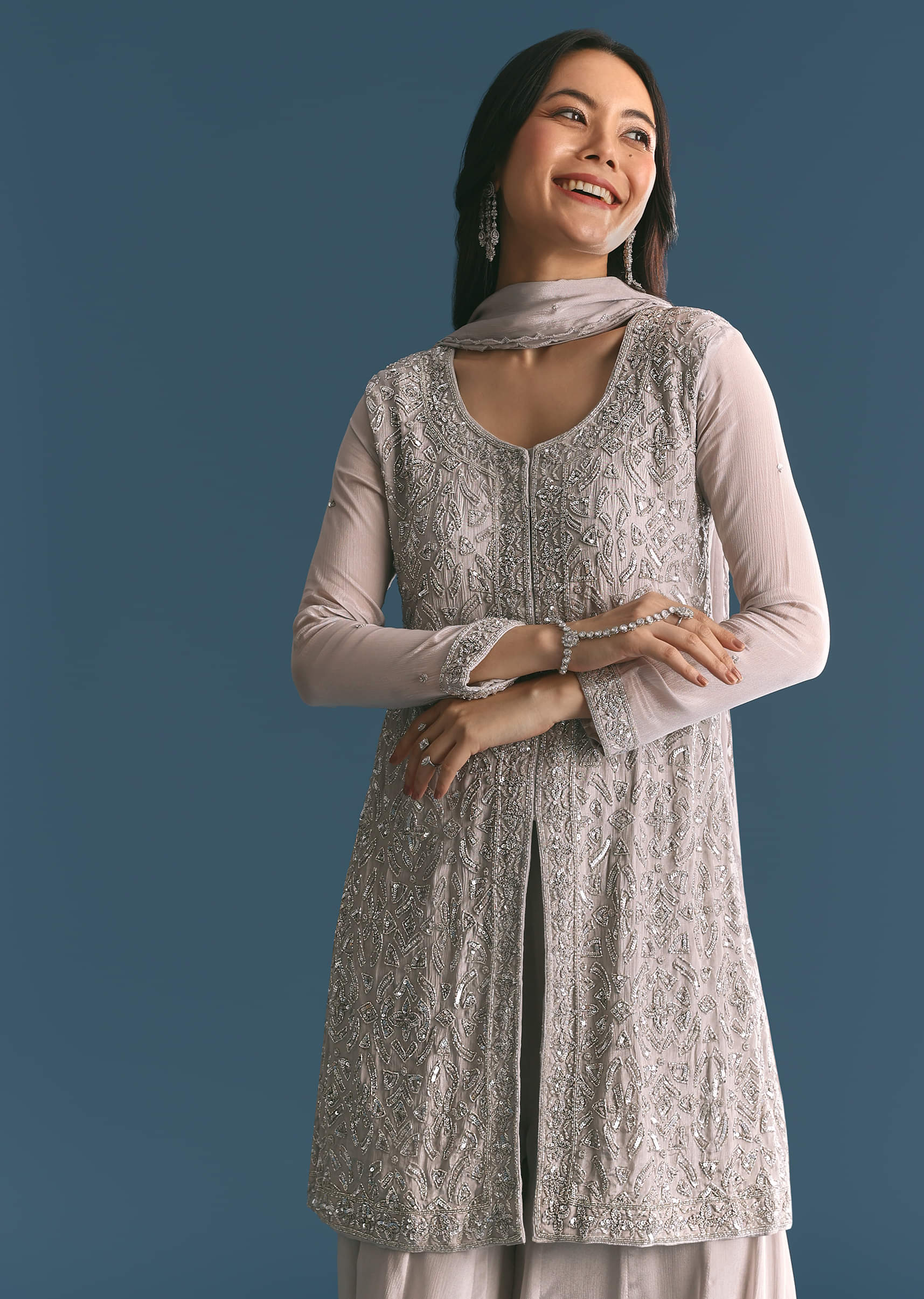 Grey Chinon Cutdana Sequin Embroidered Kurta Palazzo Suit - Image 3