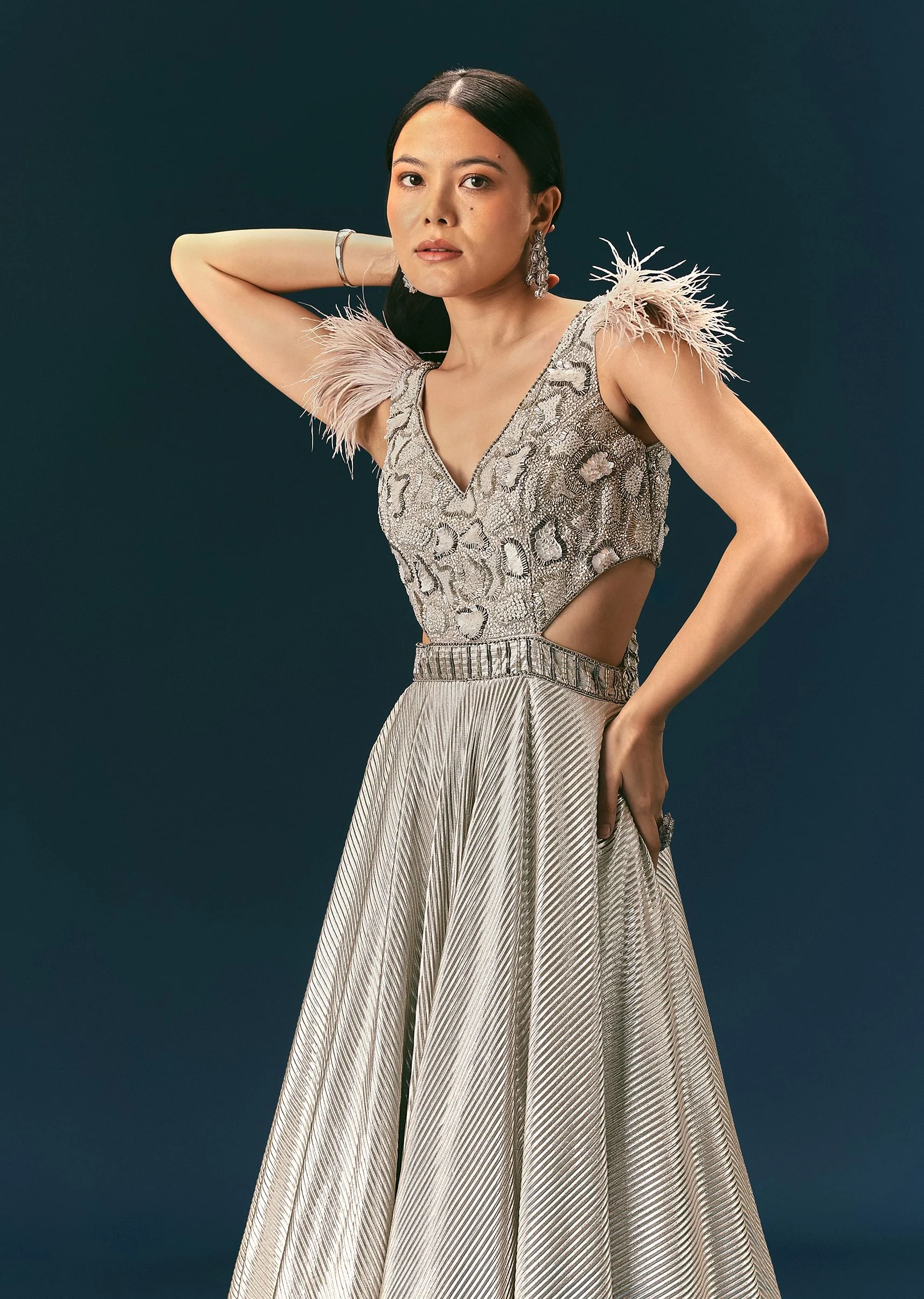 Grey Crushed Flared Gown With Hand Embroidery - Image 2