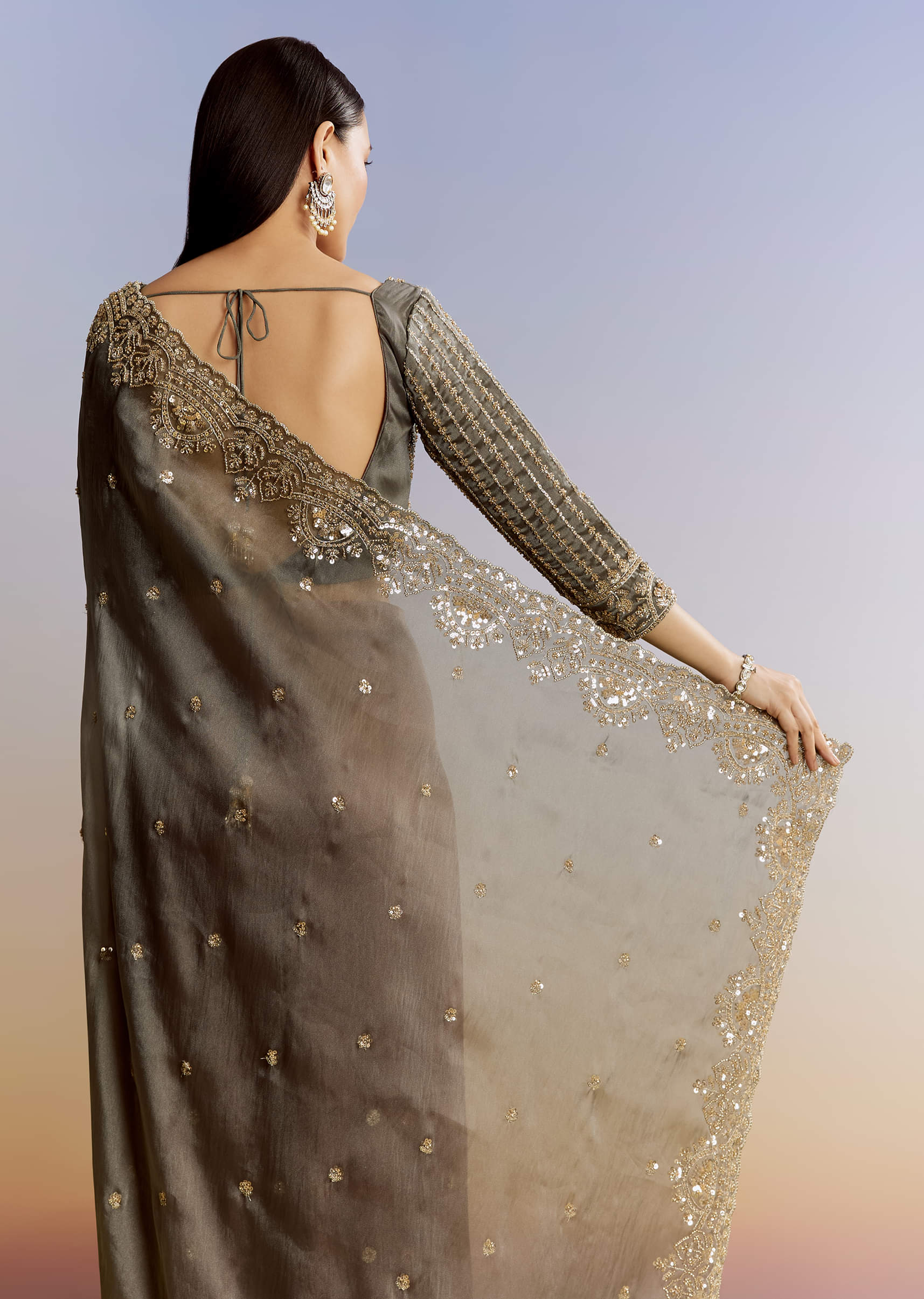 Grey Lavender Shaded Tissue Saree With Heavy Blouse Embroidery - Image 4