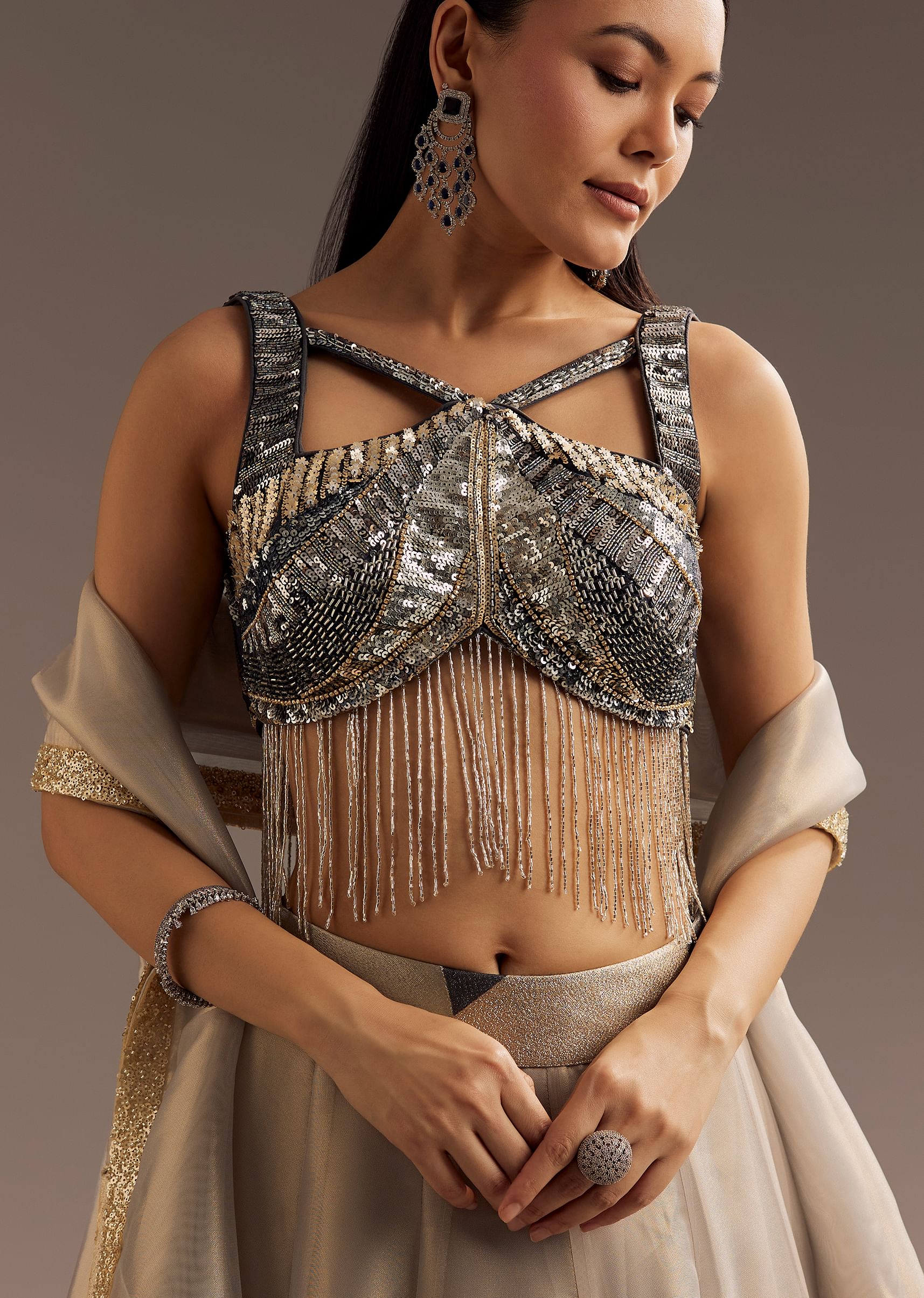 Grey Lurex Glitter Lehenga With Organza Dupatta - Image 4
