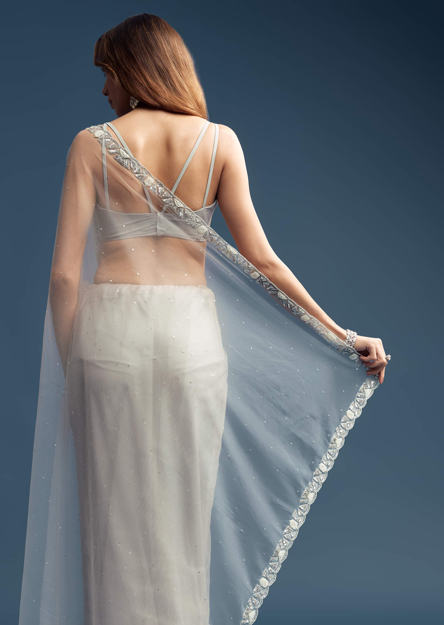 Grey Net Saree With Sequin And Bead Embroidery - Image 3