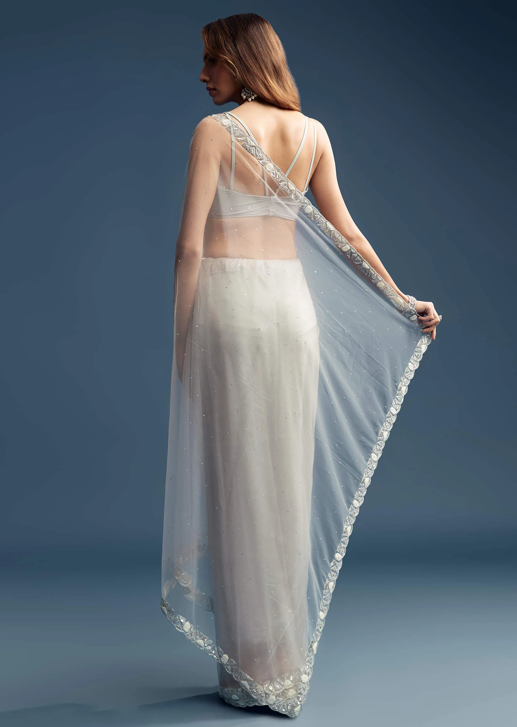 Grey Net Saree With Sequin And Bead Embroidery - Image 5