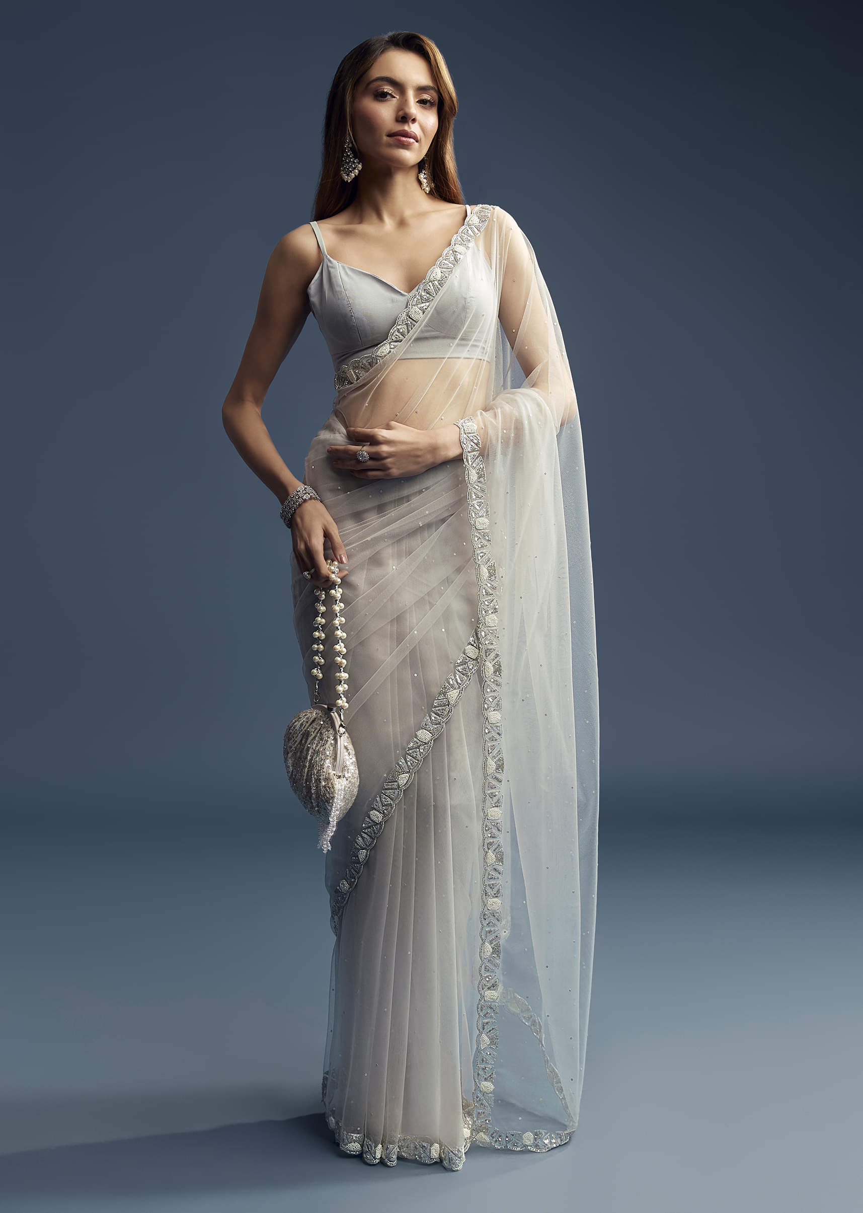 Grey Net Saree With Sequin And Bead Embroidery - Image 9