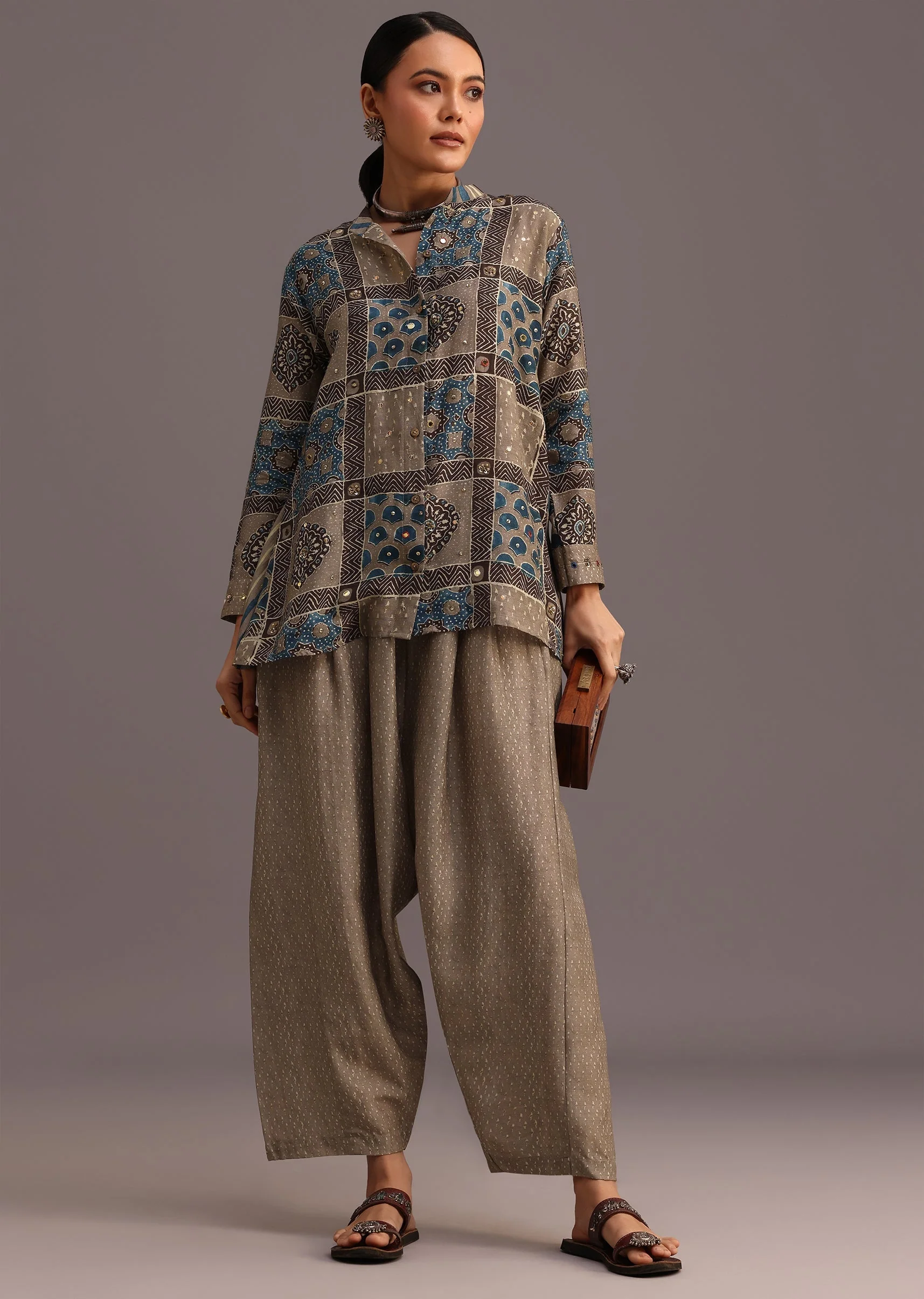 Grey Printed Shirt Salwar Set With Embroidery - Image 3