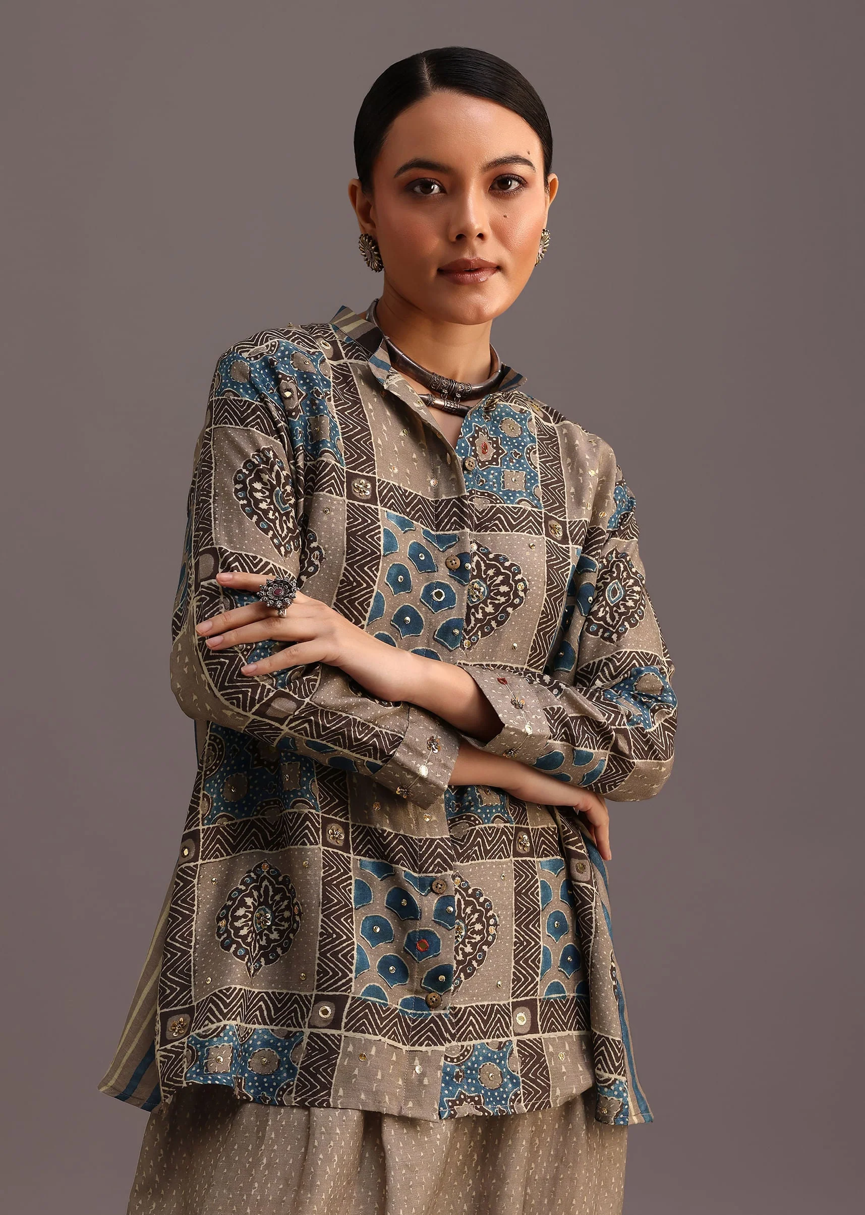 Grey Printed Shirt Salwar Set With Embroidery - Image 4