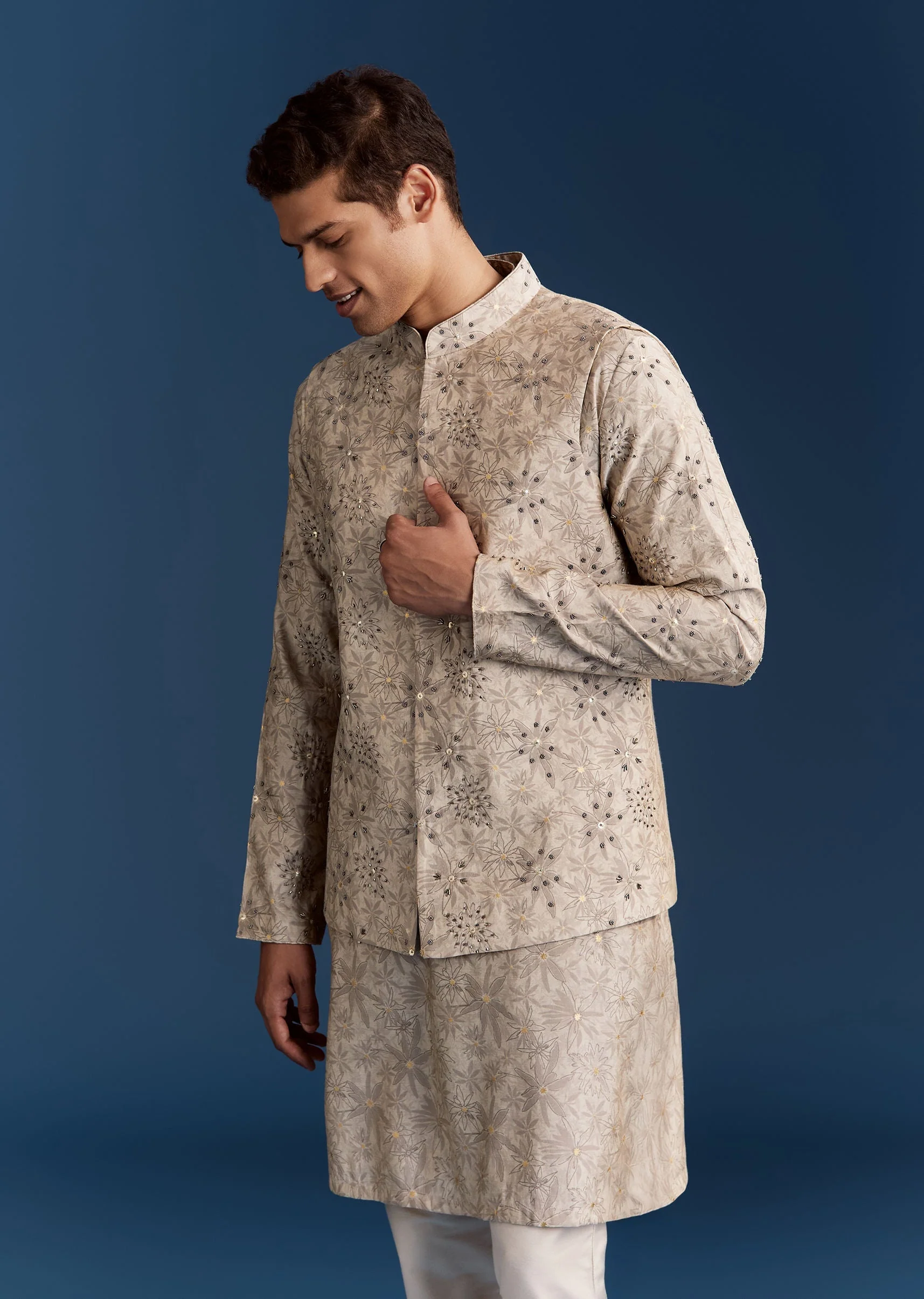 Grey Silk Kurta Jacket Set With Sequins And Moti Detailing