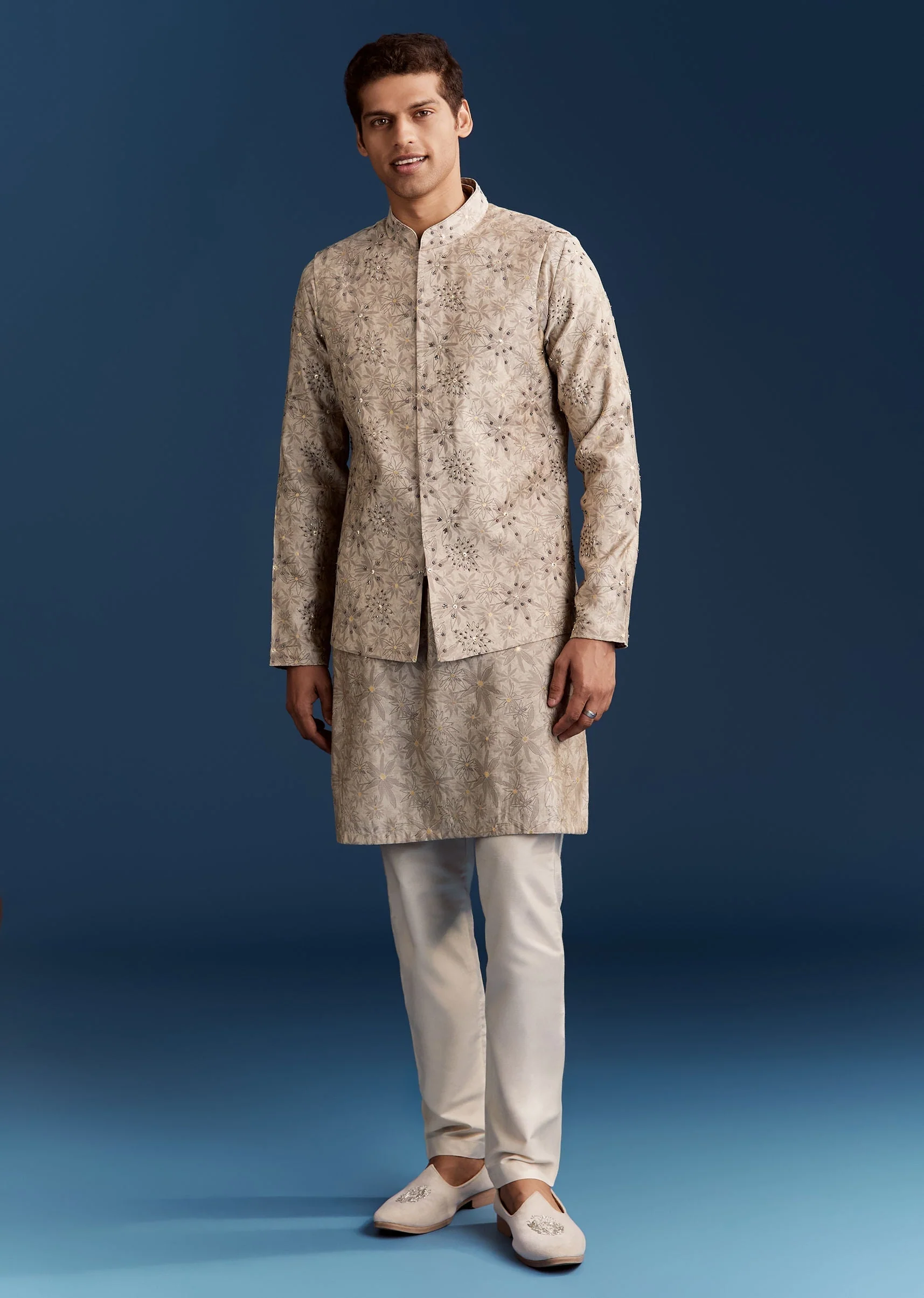 Grey Silk Kurta Jacket Set With Sequins And Moti Detailing - Image 2