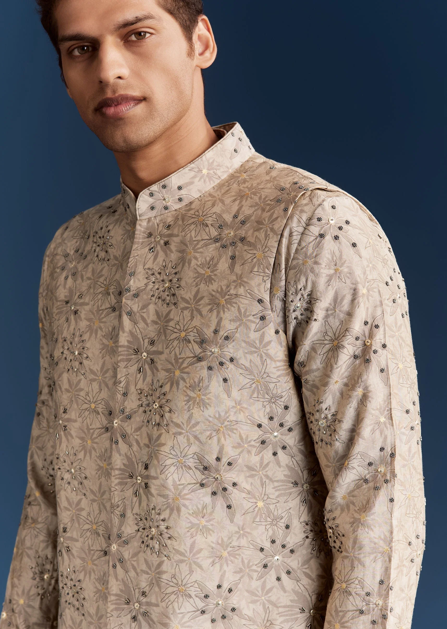 Grey Silk Kurta Jacket Set With Sequins And Moti Detailing - Image 3