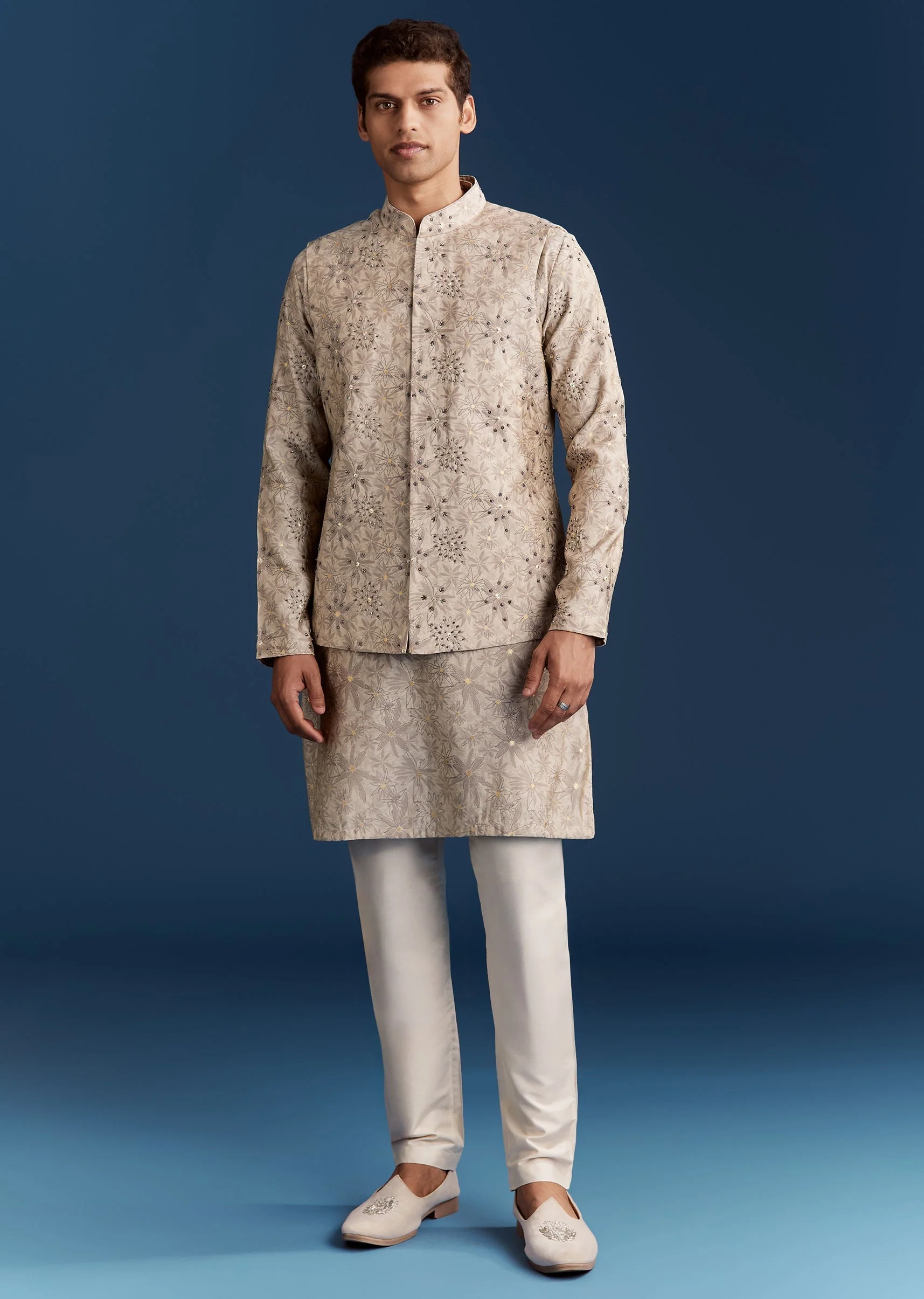 Grey Silk Kurta Jacket Set With Sequins And Moti Detailing - Image 4