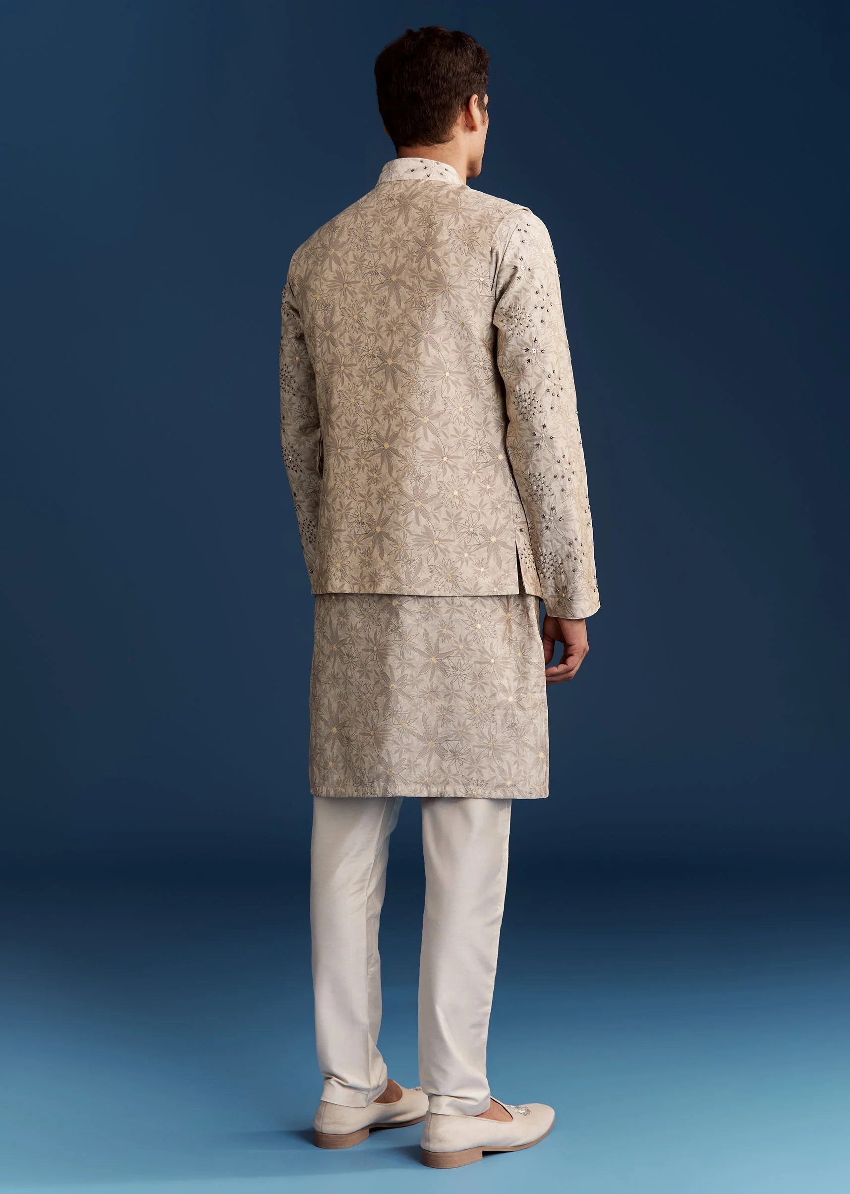 Grey Silk Kurta Jacket Set With Sequins And Moti Detailing - Image 5