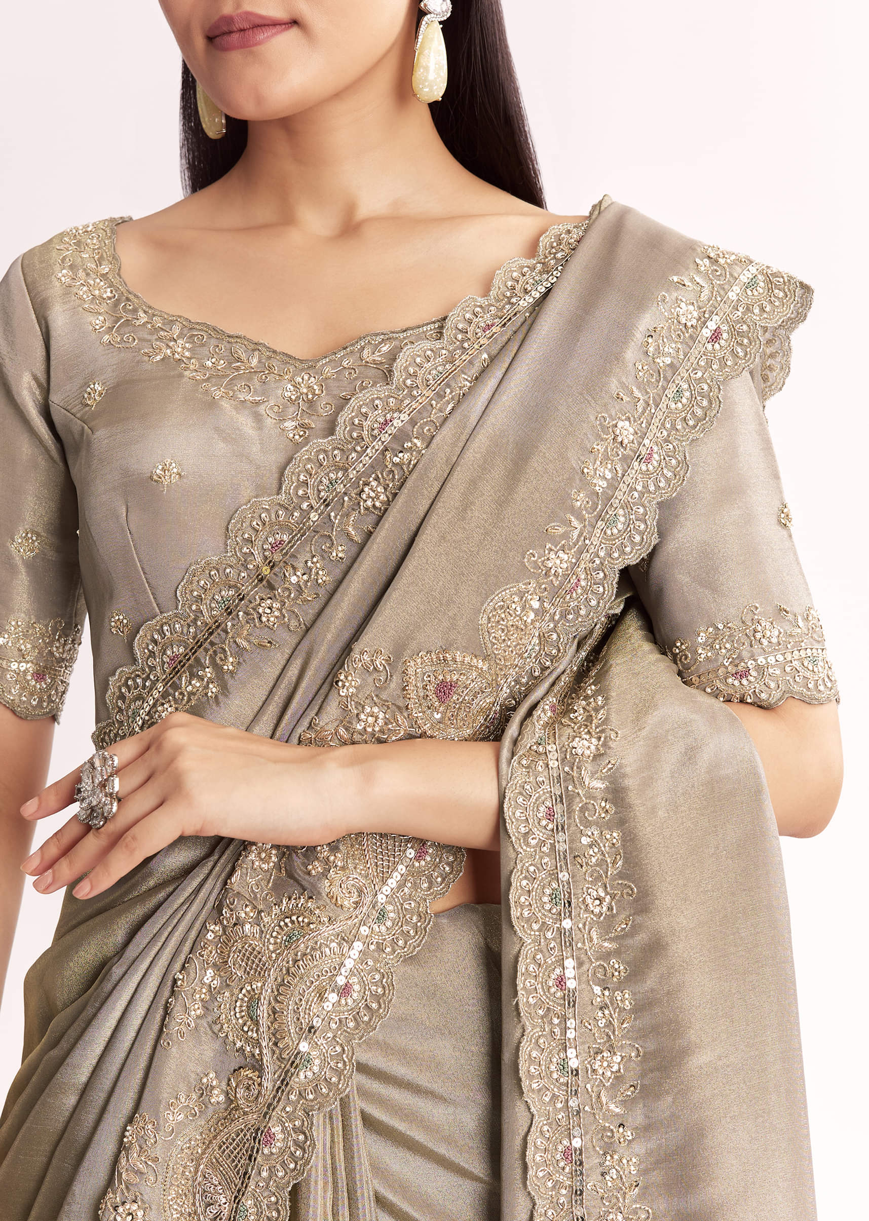 Grey Tissue Saree With Cutdana Sequins Beads And Resham Embroidery - Image 2