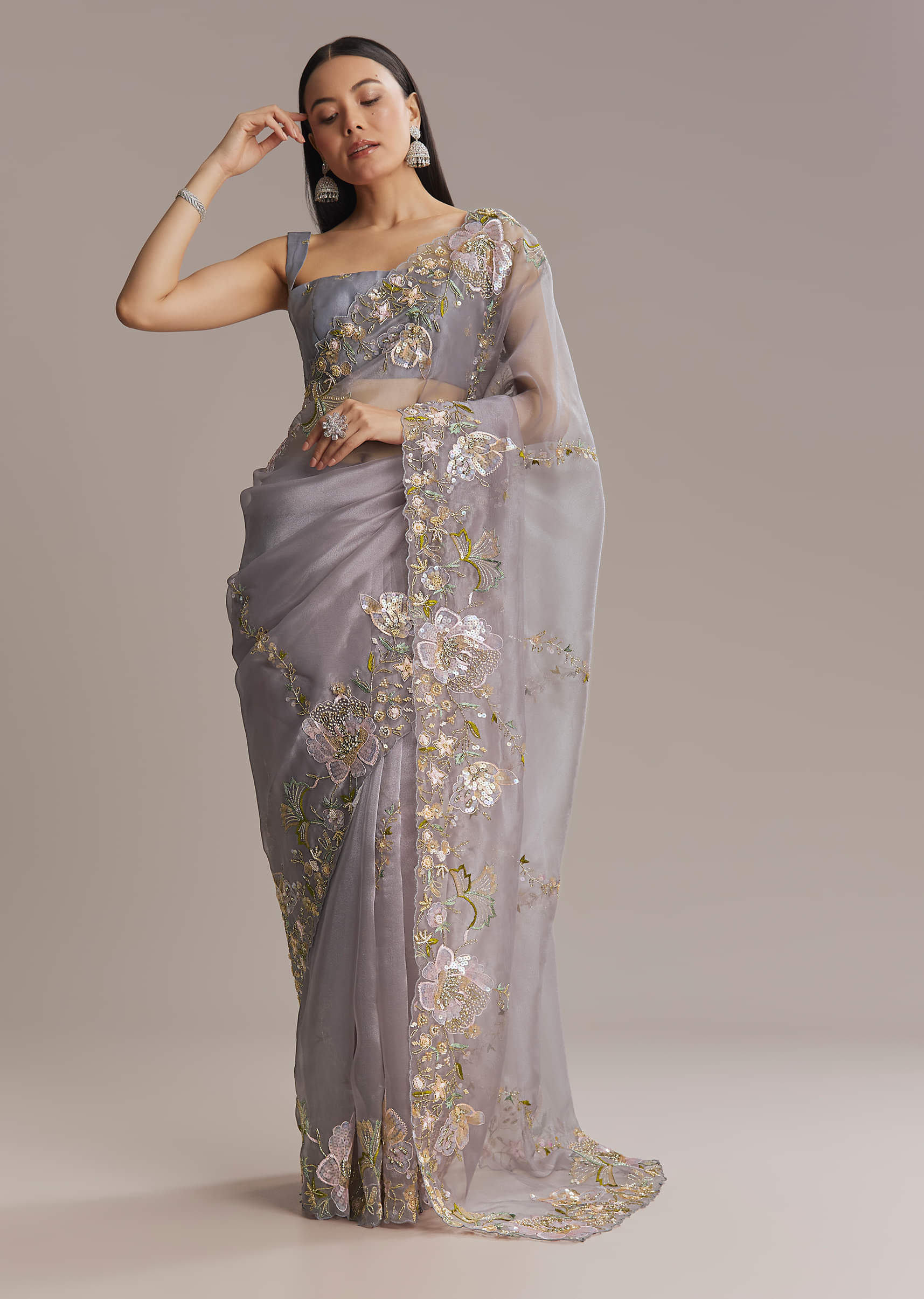Grey Tissue Saree With Resham And Moti Embroidery - Image 9