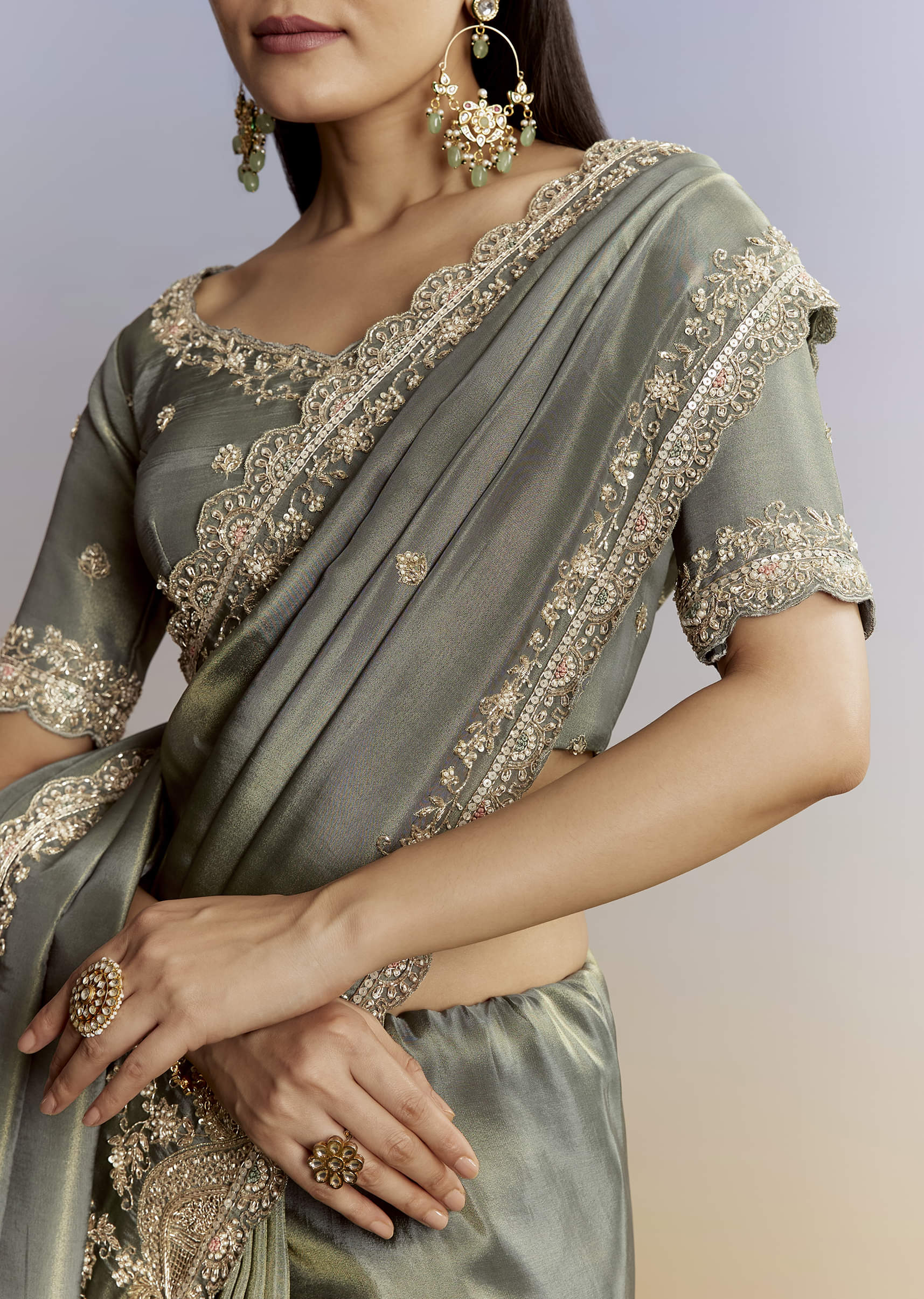 Greyish Blue Tissue Saree With French Knot Resham Embroidery - Image 2