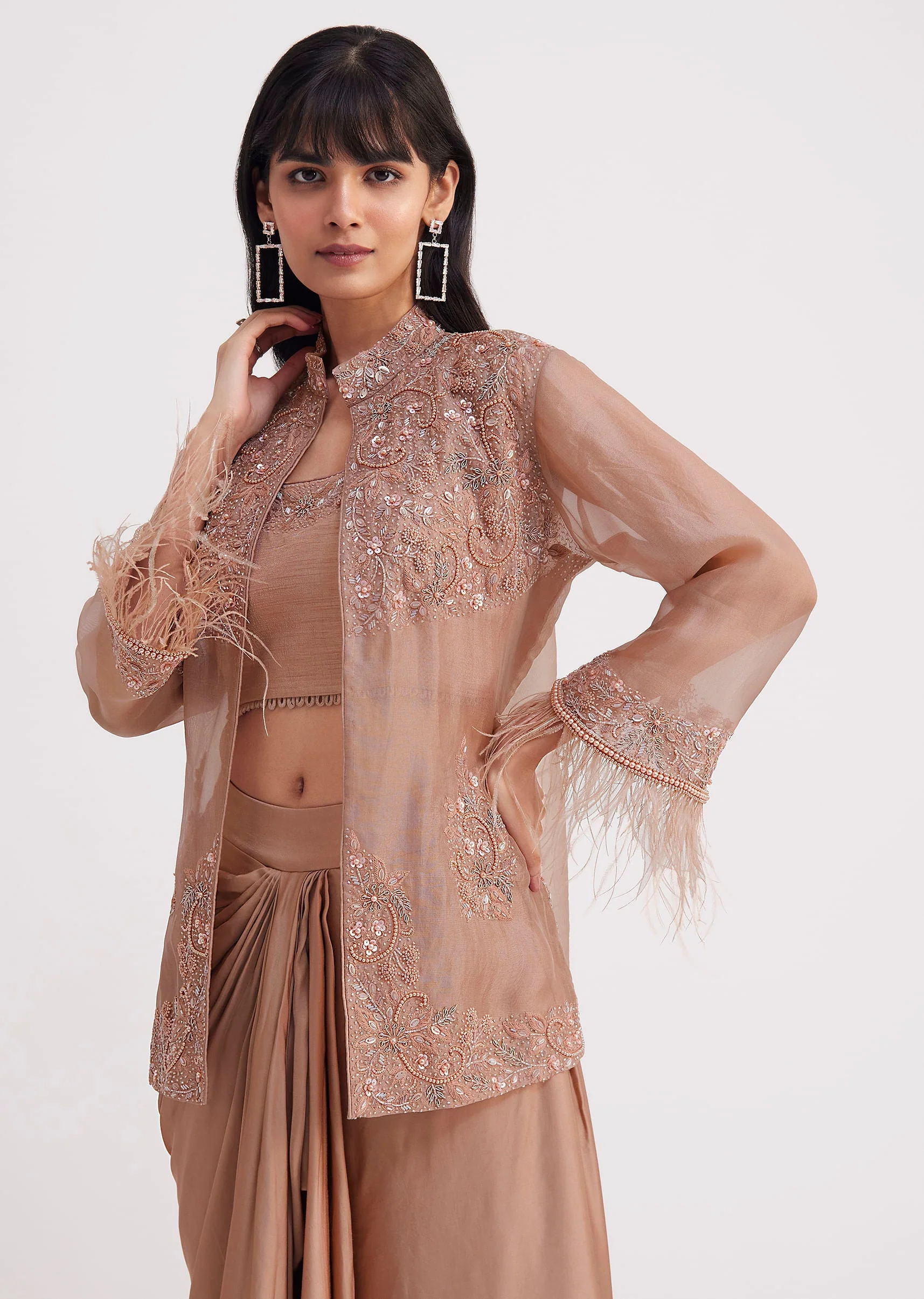 Hazelnut Beige Crop Top And Skirt With Embroidered Jacket - Image 4